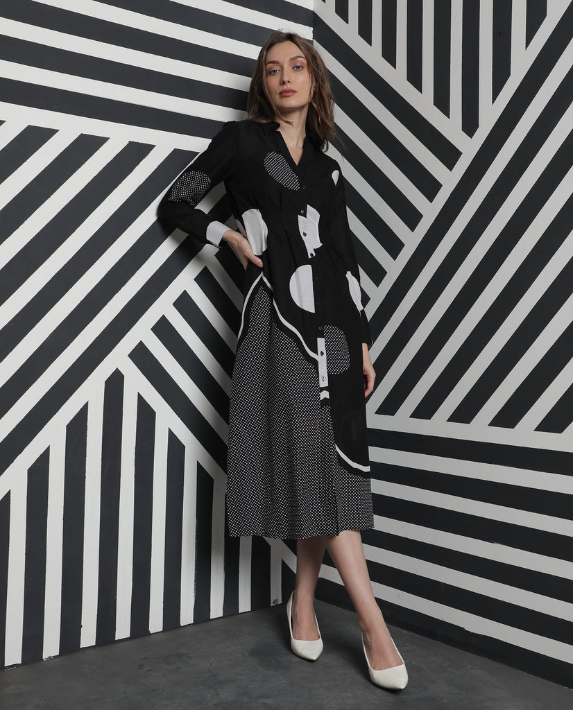 Rareism Women Georgia Black Dress Cotton Fabric Full Sleeves