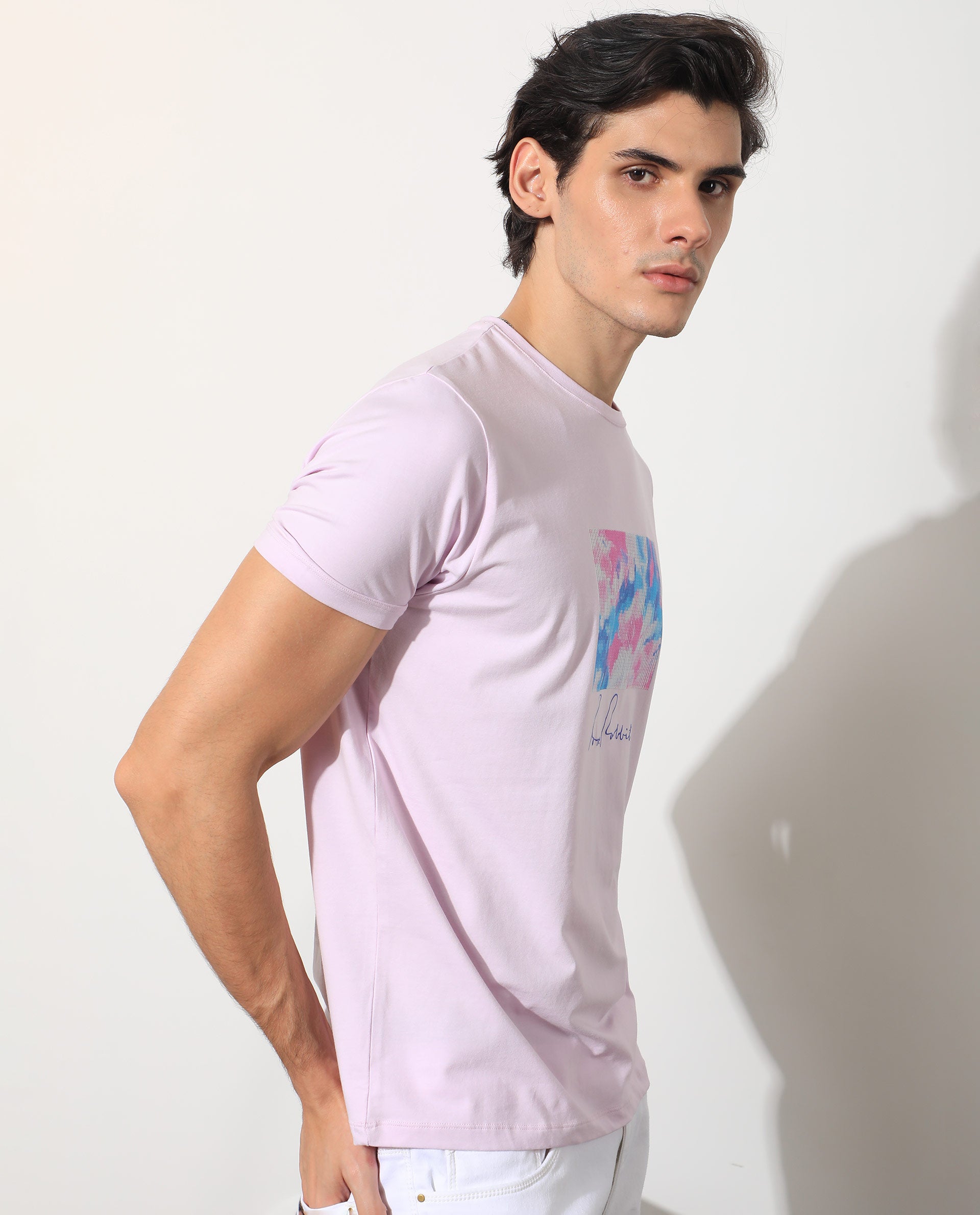 Rare Rabbit Men's Reed Pink Crew Neck Abstract Print With Branding Half Sleeves Slim Fit T-Shirt