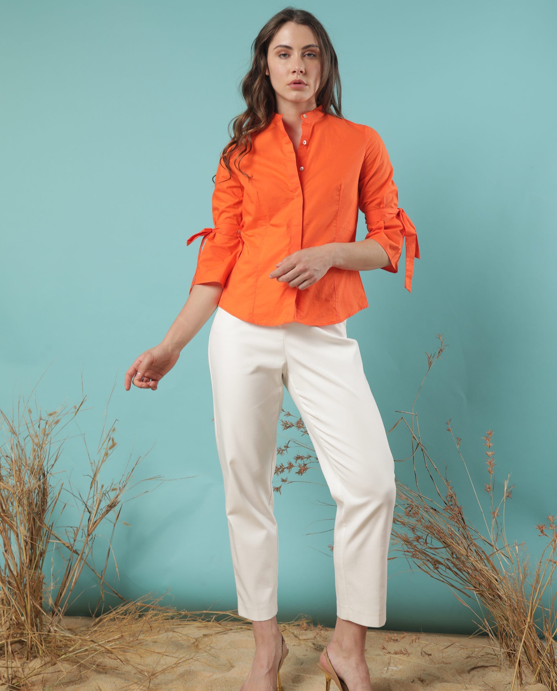 Rareism Women Tips Orange Cotton Fabric 3/4Th Sleeves Button Closure Mandarin Collar Regular Fit Plain Top