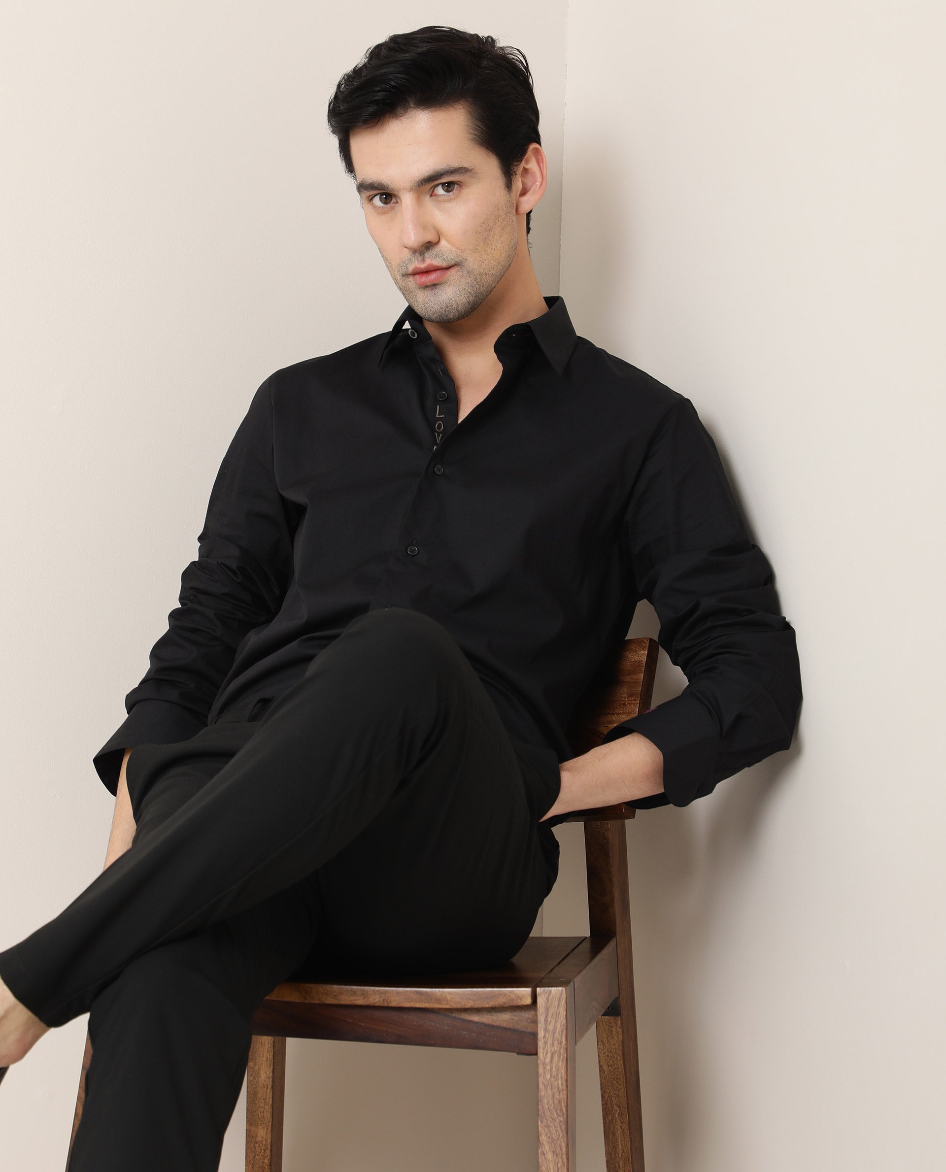 Rare Rabbit Men's I Love You Black Cotton Embroidered Regular Fit Full Sleeve Collared Shirt