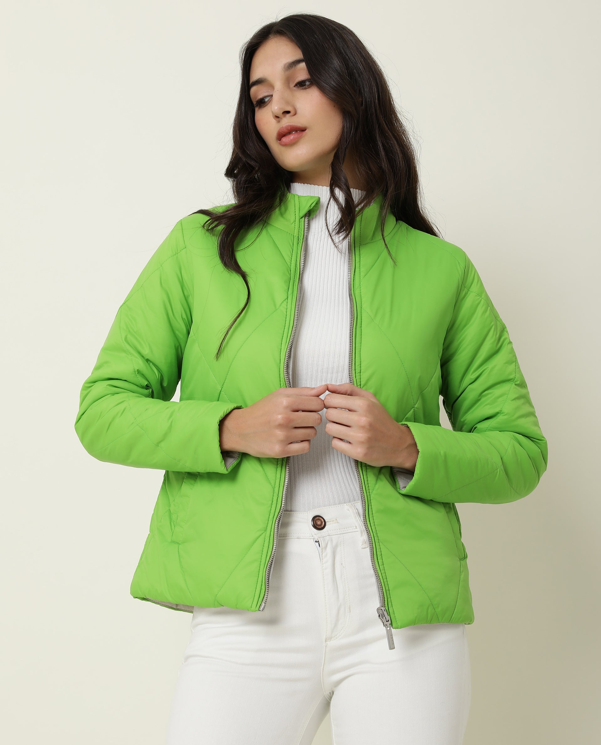 Rareism Women Cora Light Green Polyester Fabric Full Sleeves Solid High Neck Jacket