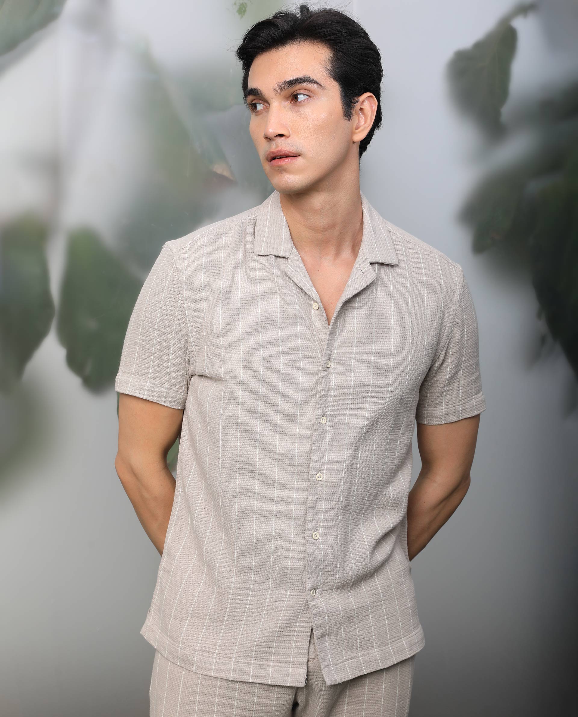 Rare Rabbit Men's Nano Beige Cotton Fabric Cuban Collar Half Sleeves Loosely Knit Stripe Shirt