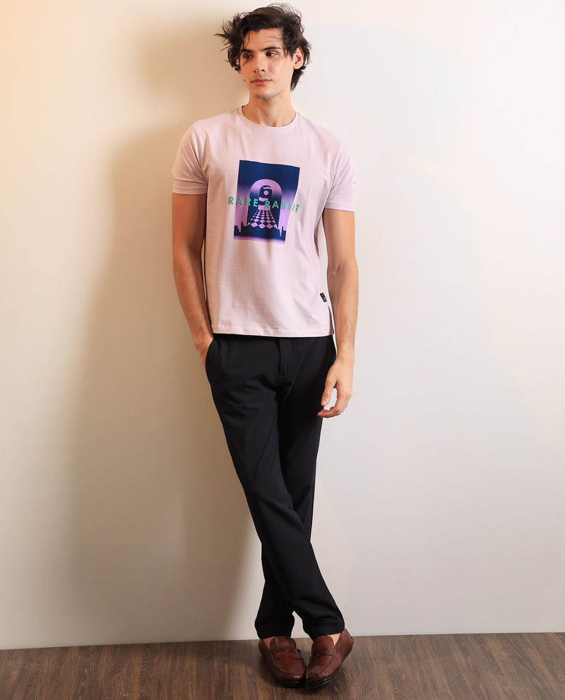 Rare Rabbit Men's Rives Pastel Purple Crew Neck Discharge and HD Print Branding Half Sleeves Slim Fit T-Shirt