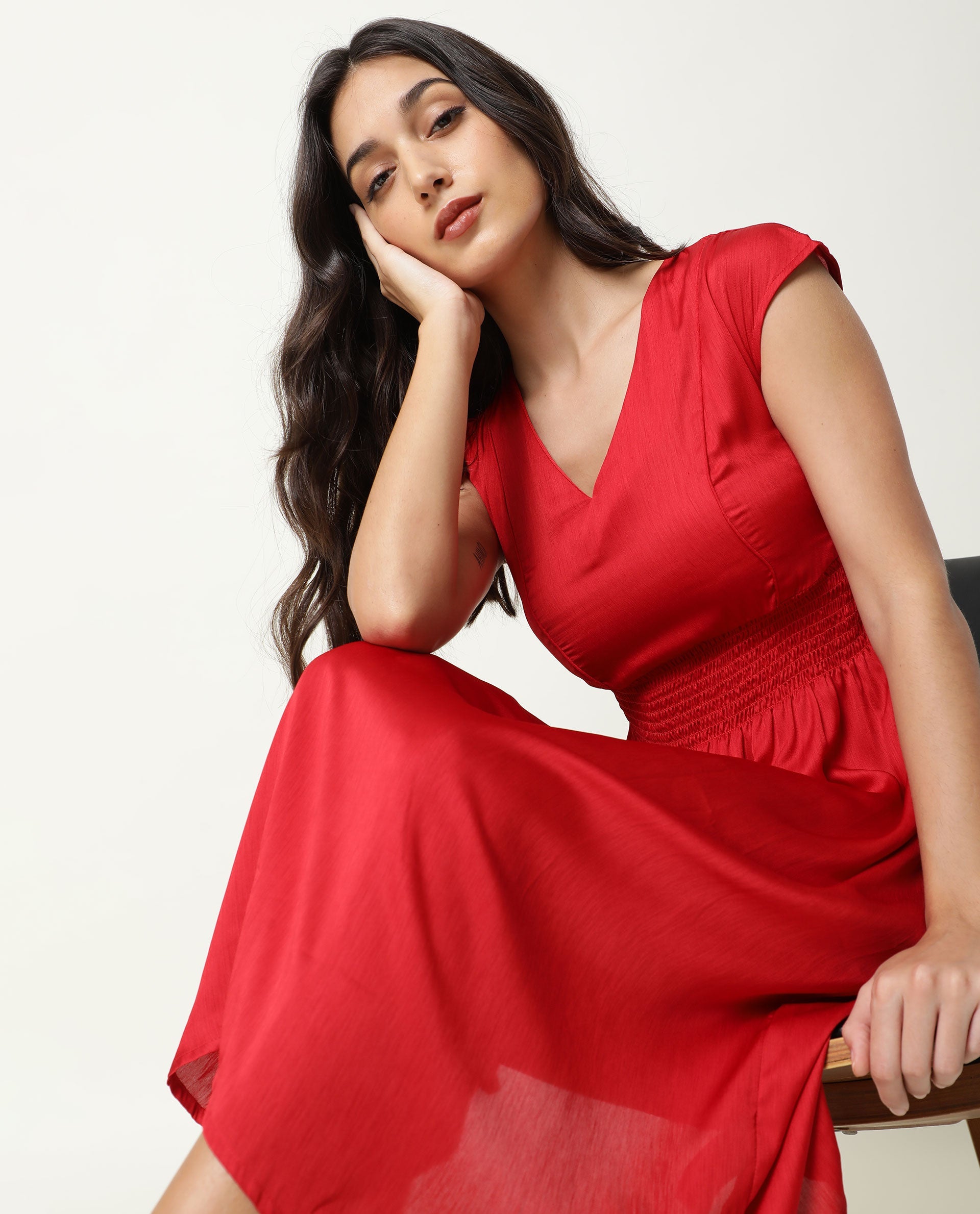 Rareism Women Milux Red V Neck Calf Sleeves Smocking Waist Knee Length Dress