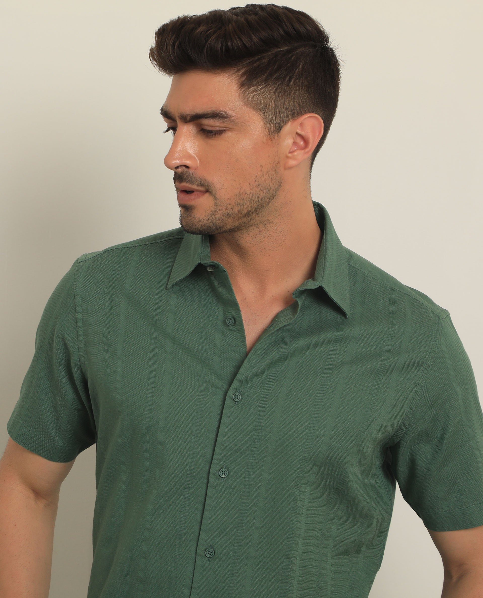 Rare Rabbit Mens Matto Green Cotton Fabric Short Sleeves Self Stripe Dobby Shirt