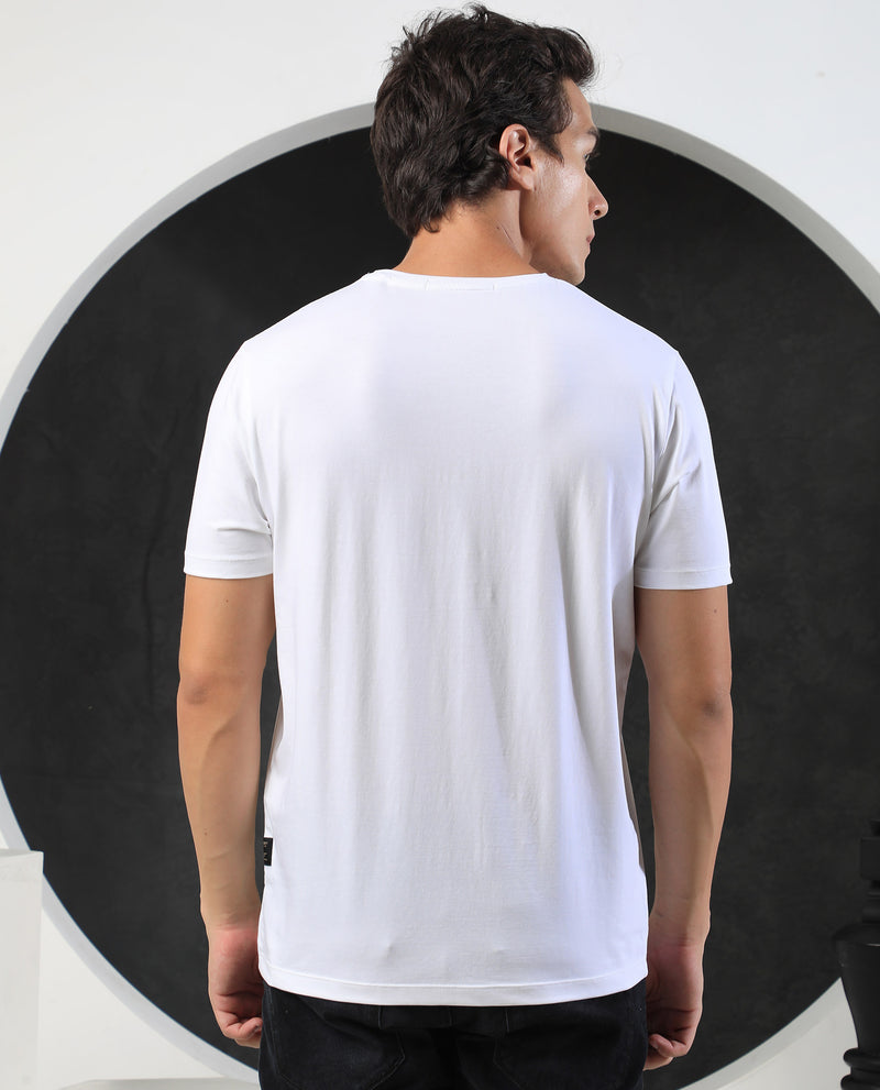 Rare Rabbit Men's Regalo White Crew Neck Half Sleeves Slim Fit Graphic Branding With Signature T-Shirt