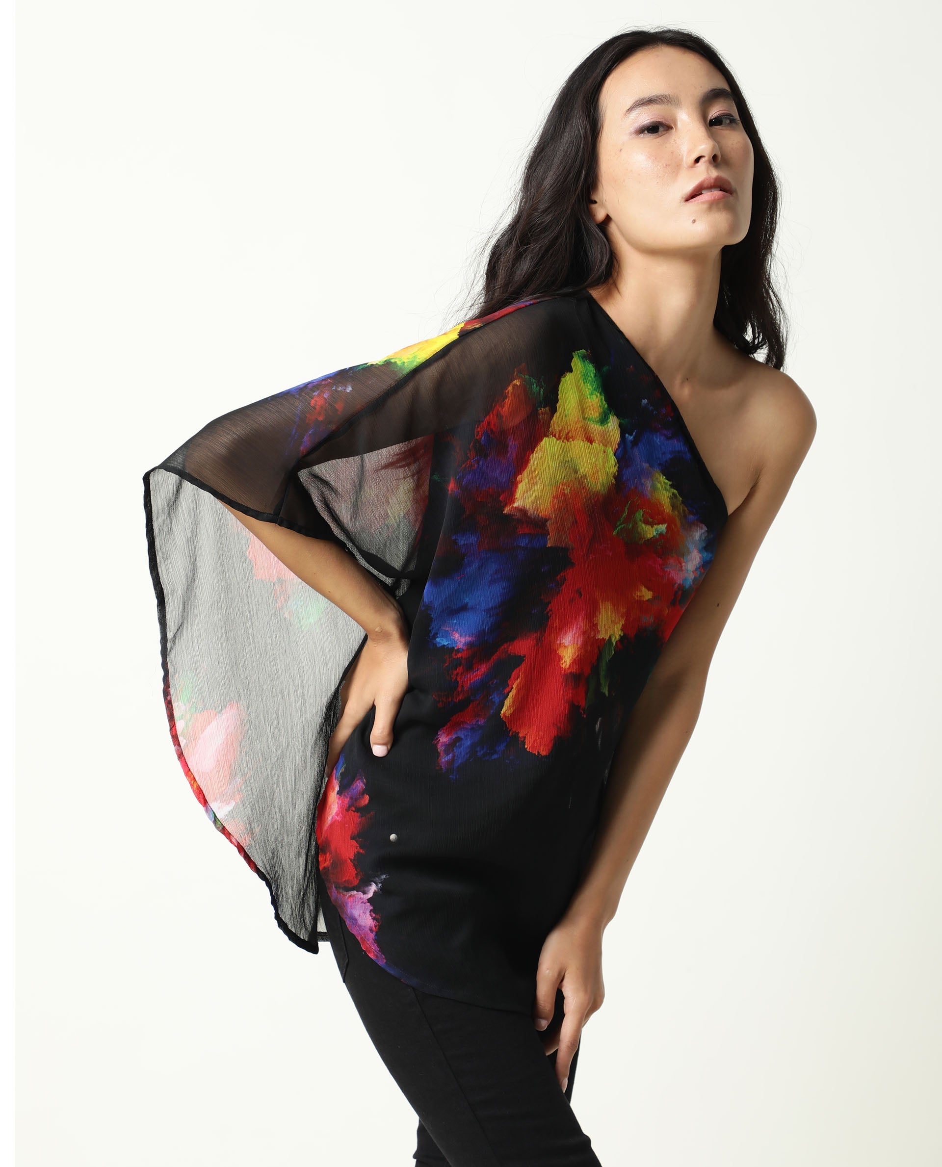 Rareism Womens Propose Black Top Viscose Fabric Regular Fit One Shoulder One Shoulder Neck