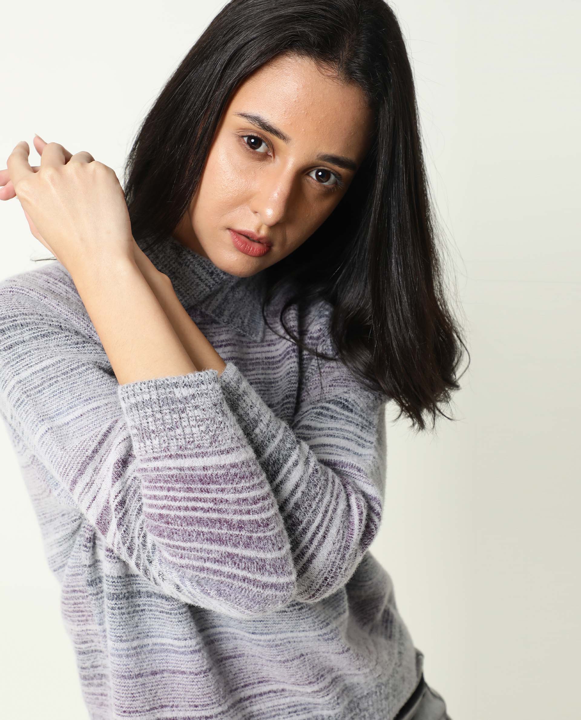 Rareism Women Rosalva Melange Grey Nylon Fabric Full Sleeves Knee Length Regular Fit Ombre High Neck Sweater