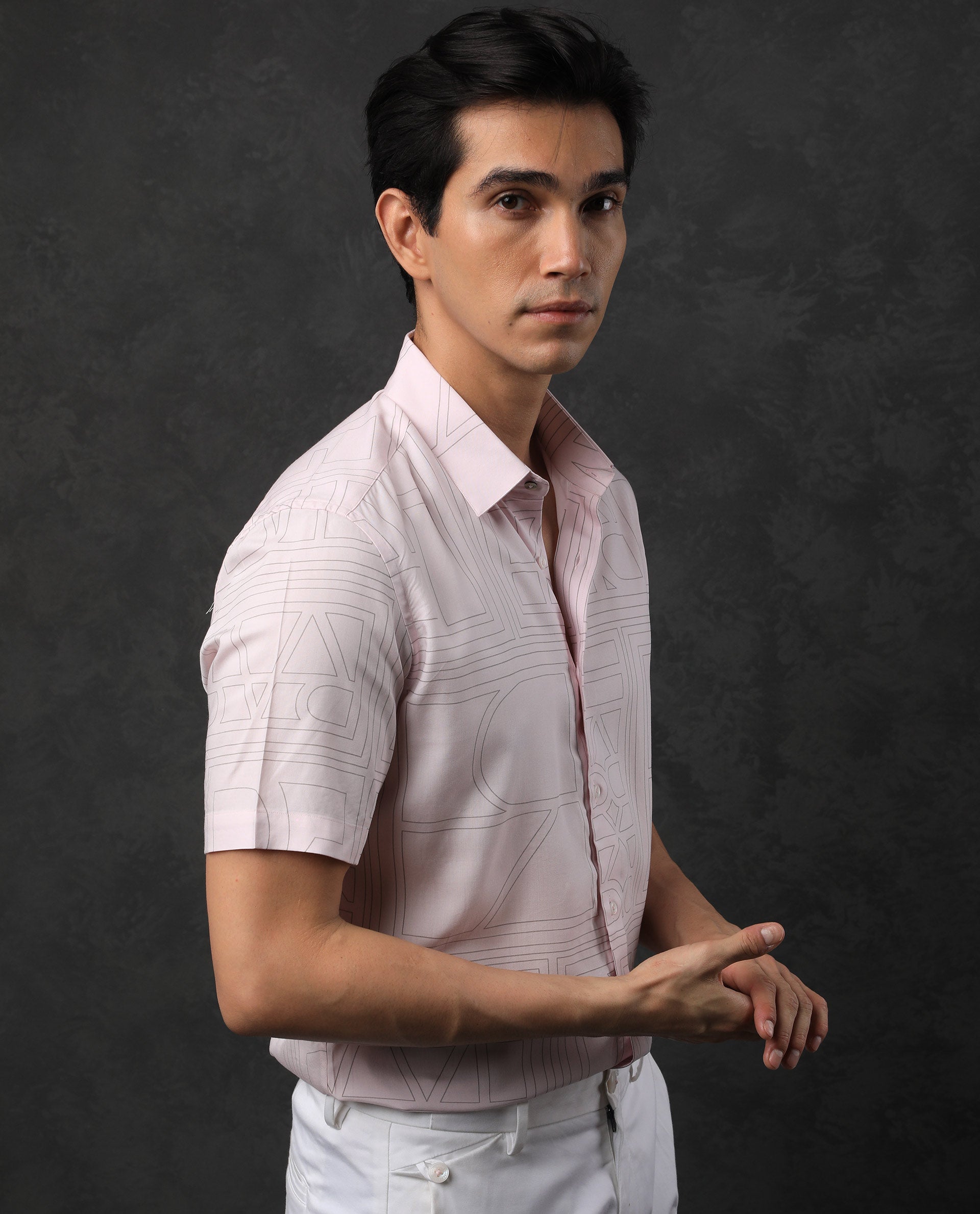 RARE RABBIT MEN'S MALFOR SS PASTEL PINK SHIRT SHORT SLEEVES COLLARED NECK  PRINT