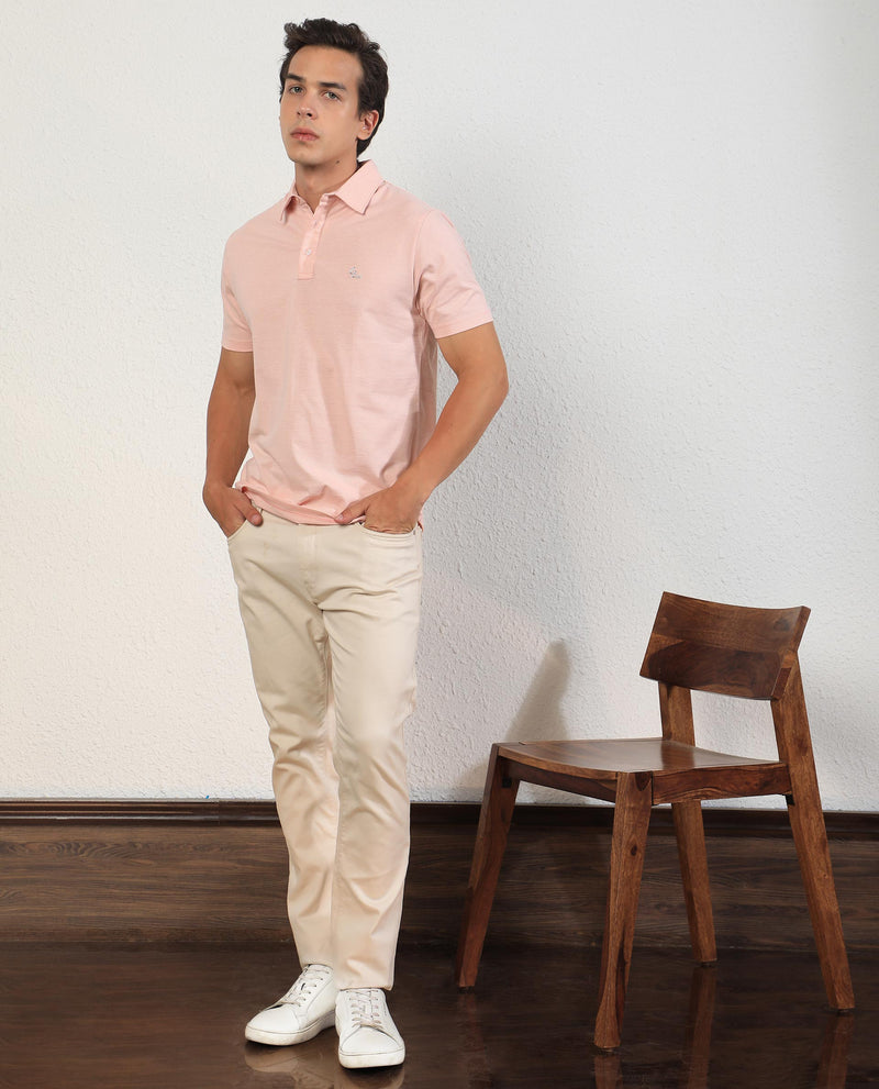 Rare Rabbit Men's Tunas Light Pink Cotton Polyester Fabric Collared Neck Half Sleeves Striped Polo T-Shirt