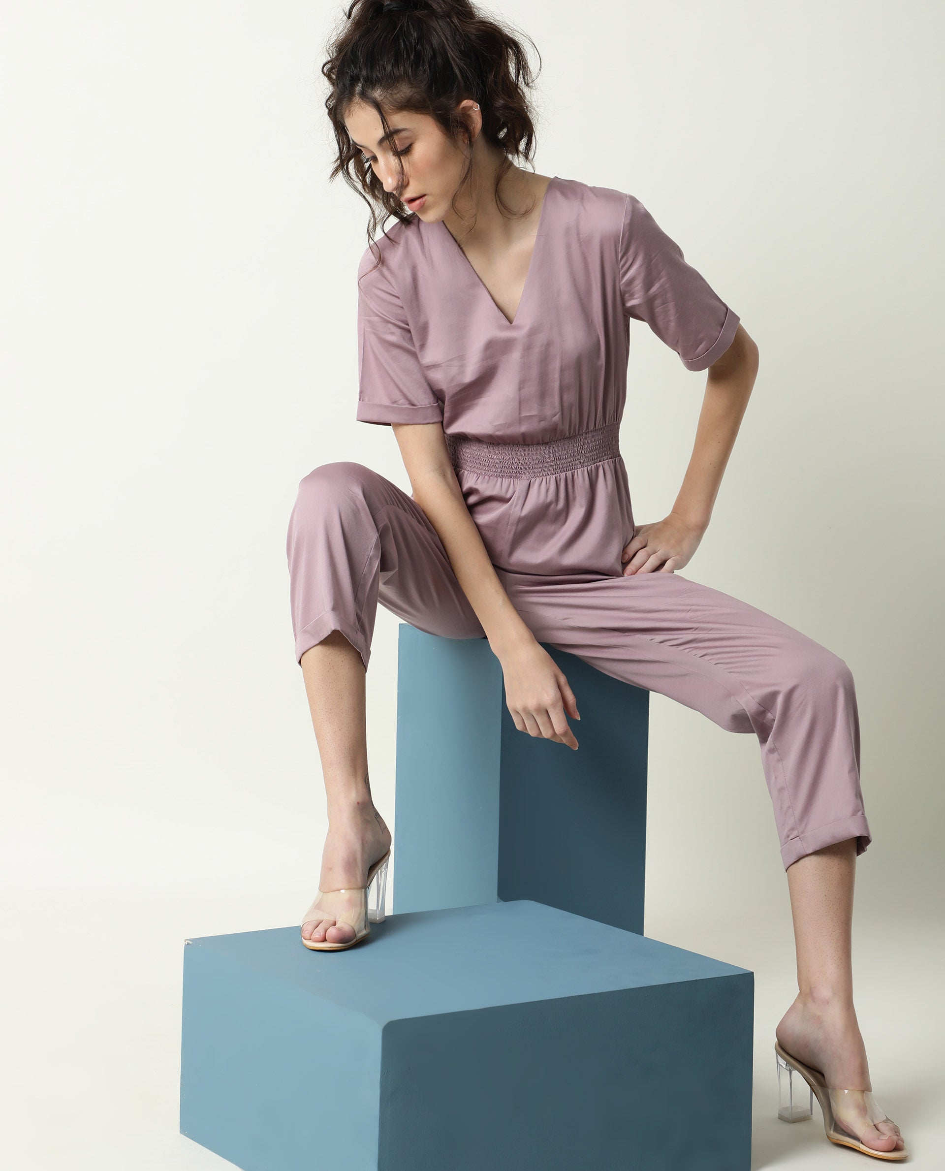 Rareism Women Husky Dusky Pink Cotton Satin Fabric Regular Fit Ankle Length Solid Jumpsuit