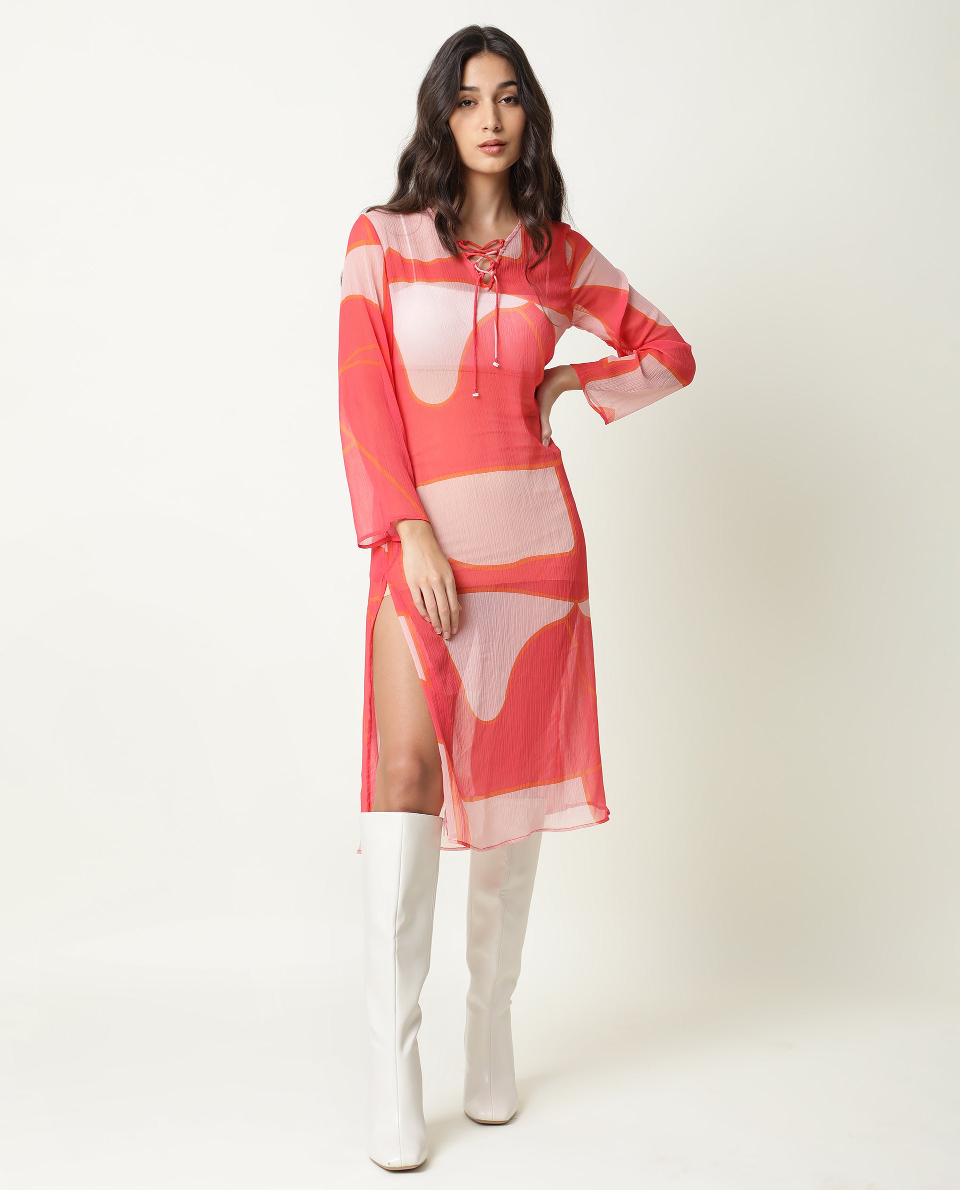 Rareism Women Benett Pink Abstract V Neck With Criss Cross Tie Up Full Sleeves Midi Dress