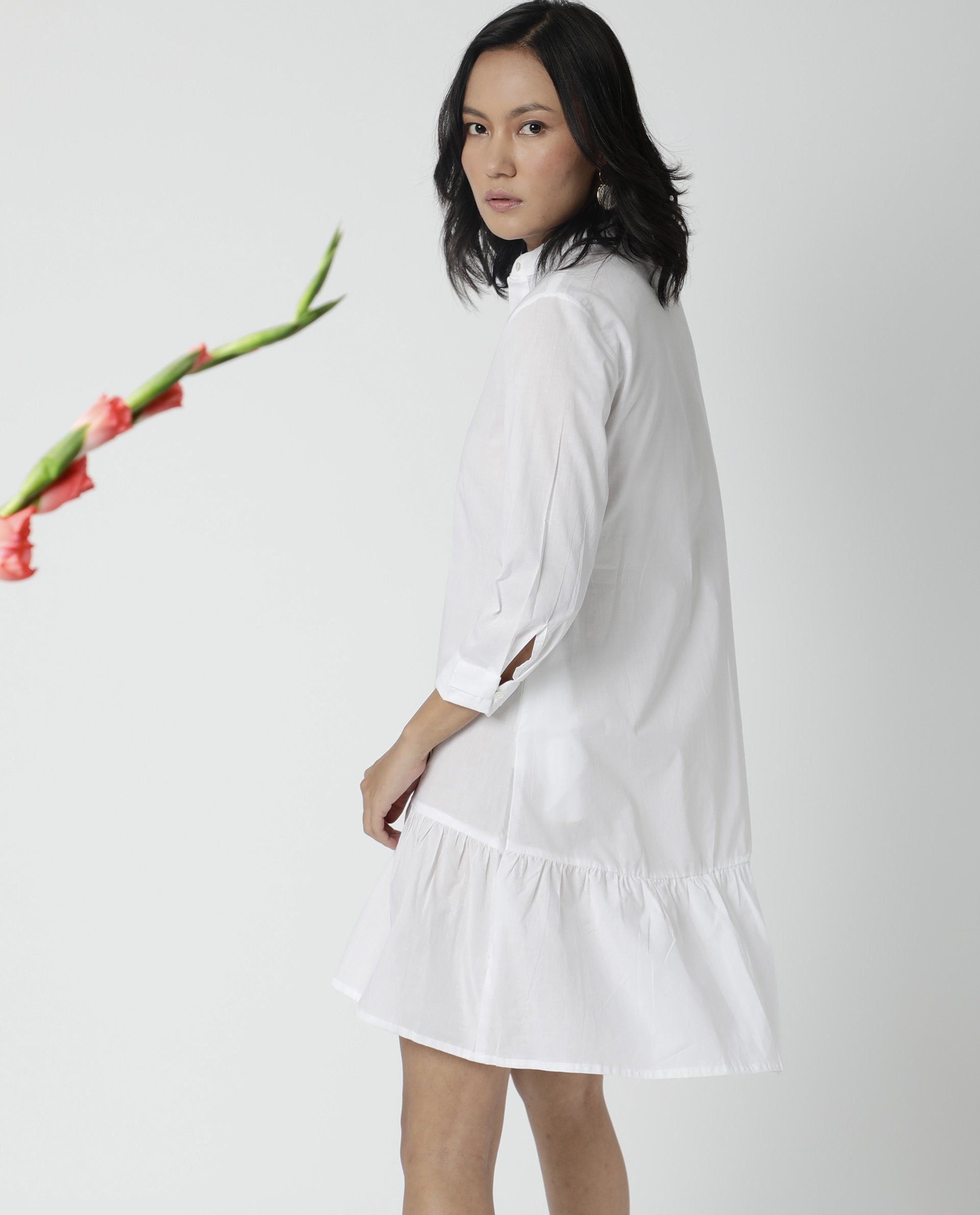 Rareism Women Krepe White Dress Short Sleeves Solid