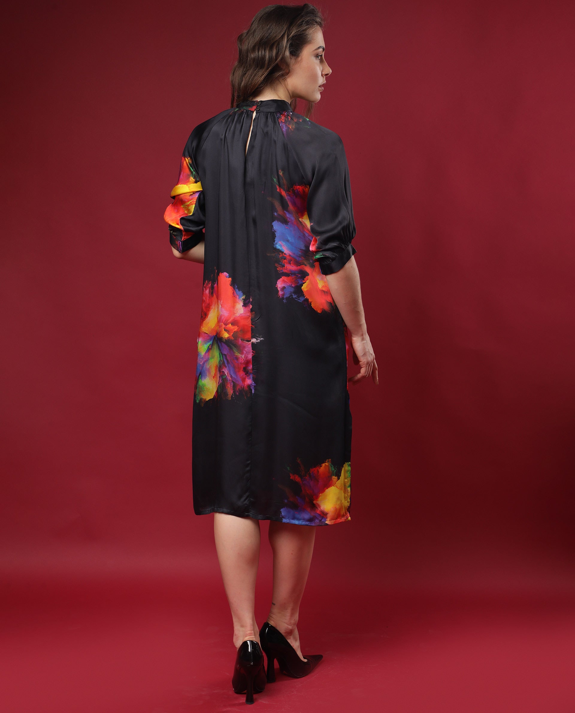 Rareism Women Jovi Black Floral Print High Neck Half Sleeves Back Button Closure With Pockets Knee Length Dress