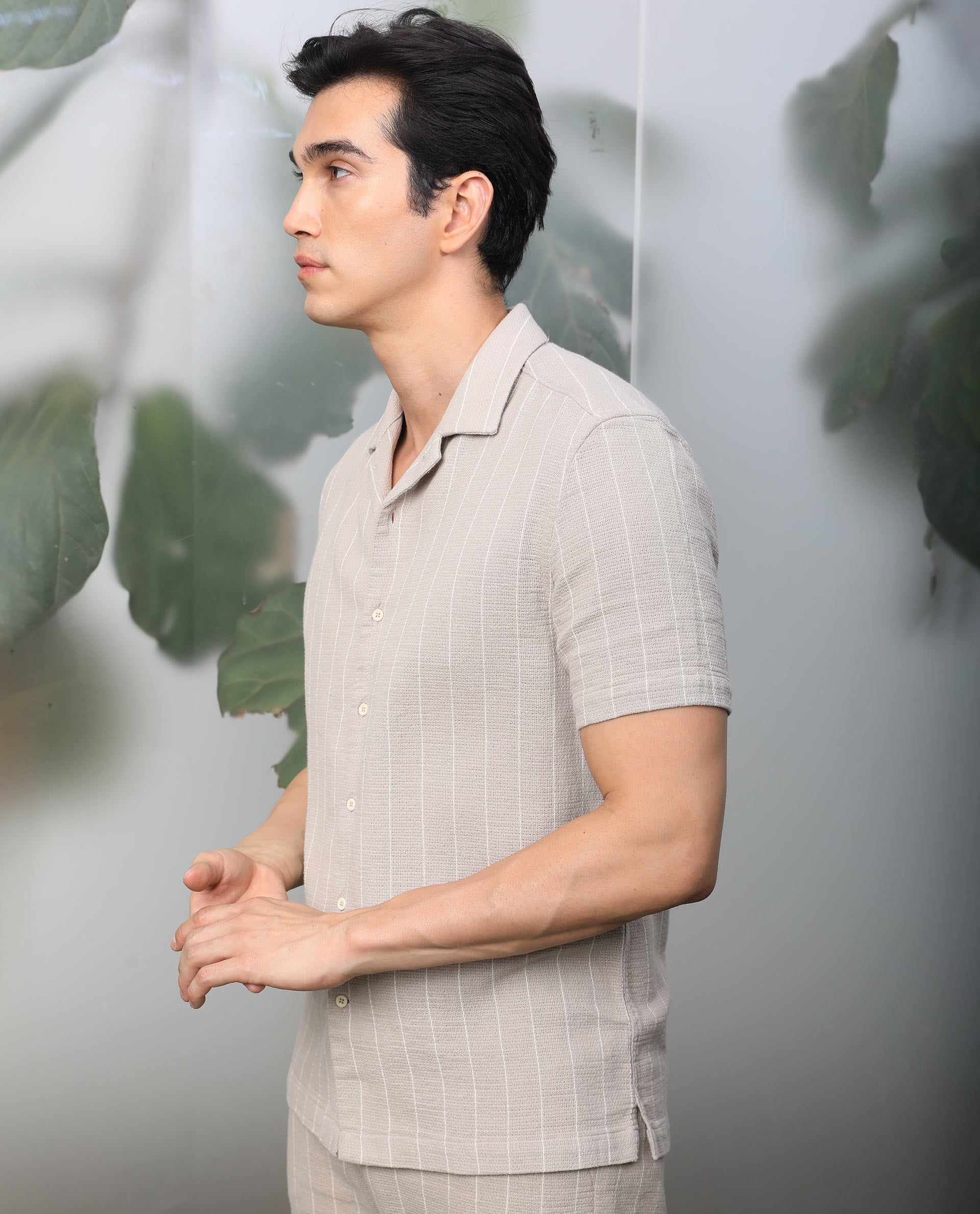 Rare Rabbit Men's Nano Beige Cotton Fabric Cuban Collar Half Sleeves Loosely Knit Stripe Shirt