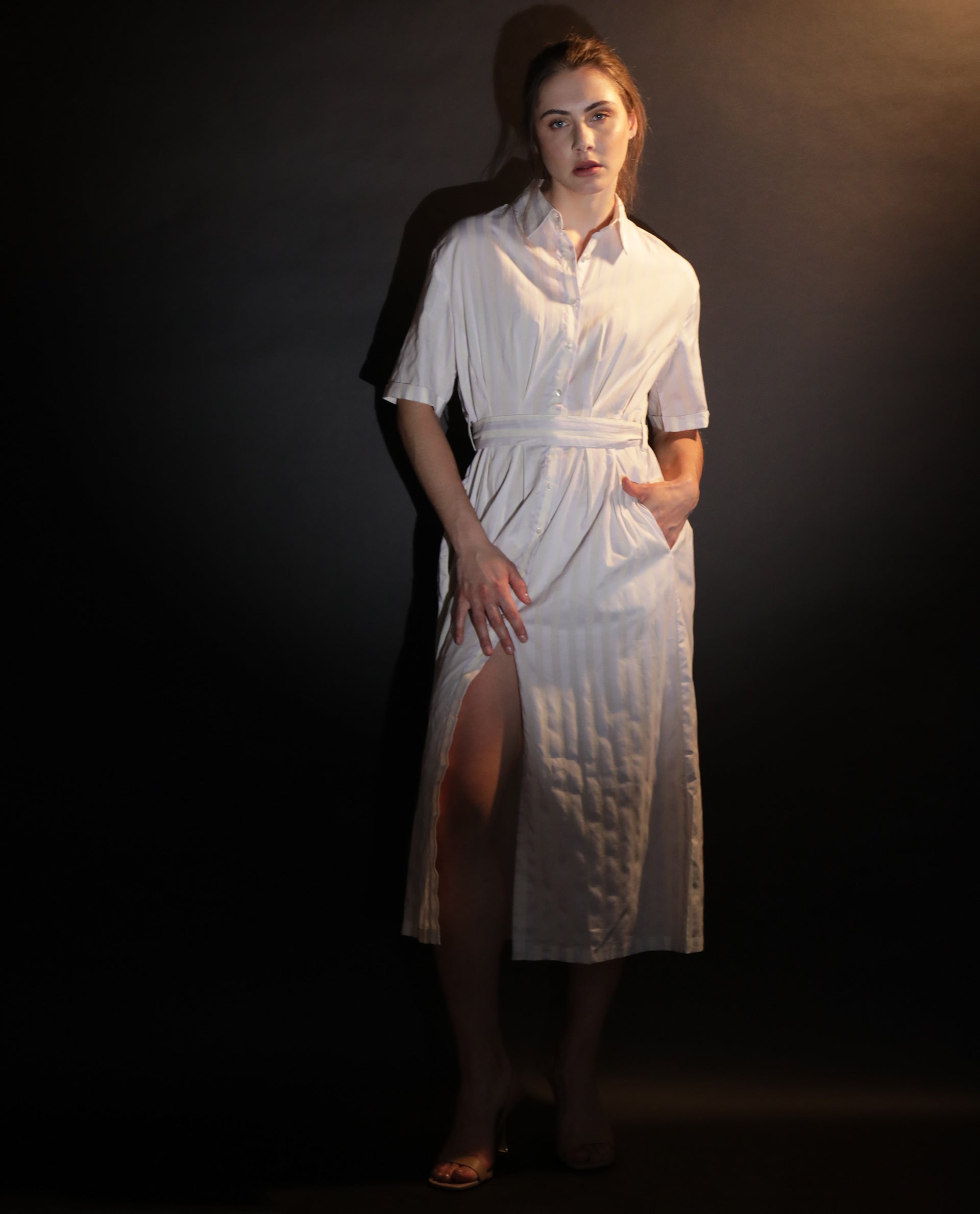 Rareism Women Paris Yellow Shirt Collar Half Sleeves Front Placket Button Closure With Fabric Waist Belt Midi Dress