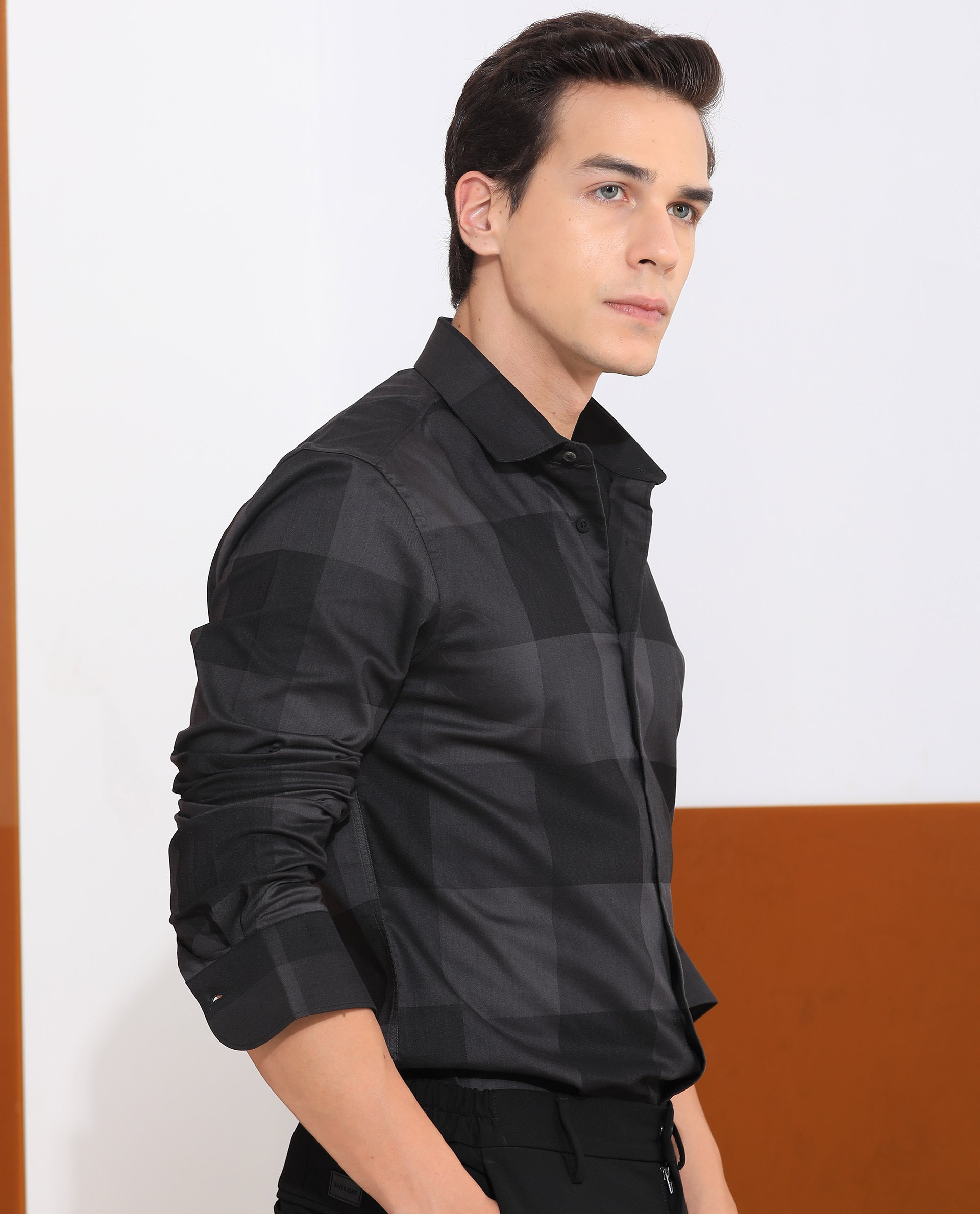 Rare Rabbit Men's Santhe Black Cotton Lycra Fabric Full Sleeves Regular Fit Tonal Checks Shirt