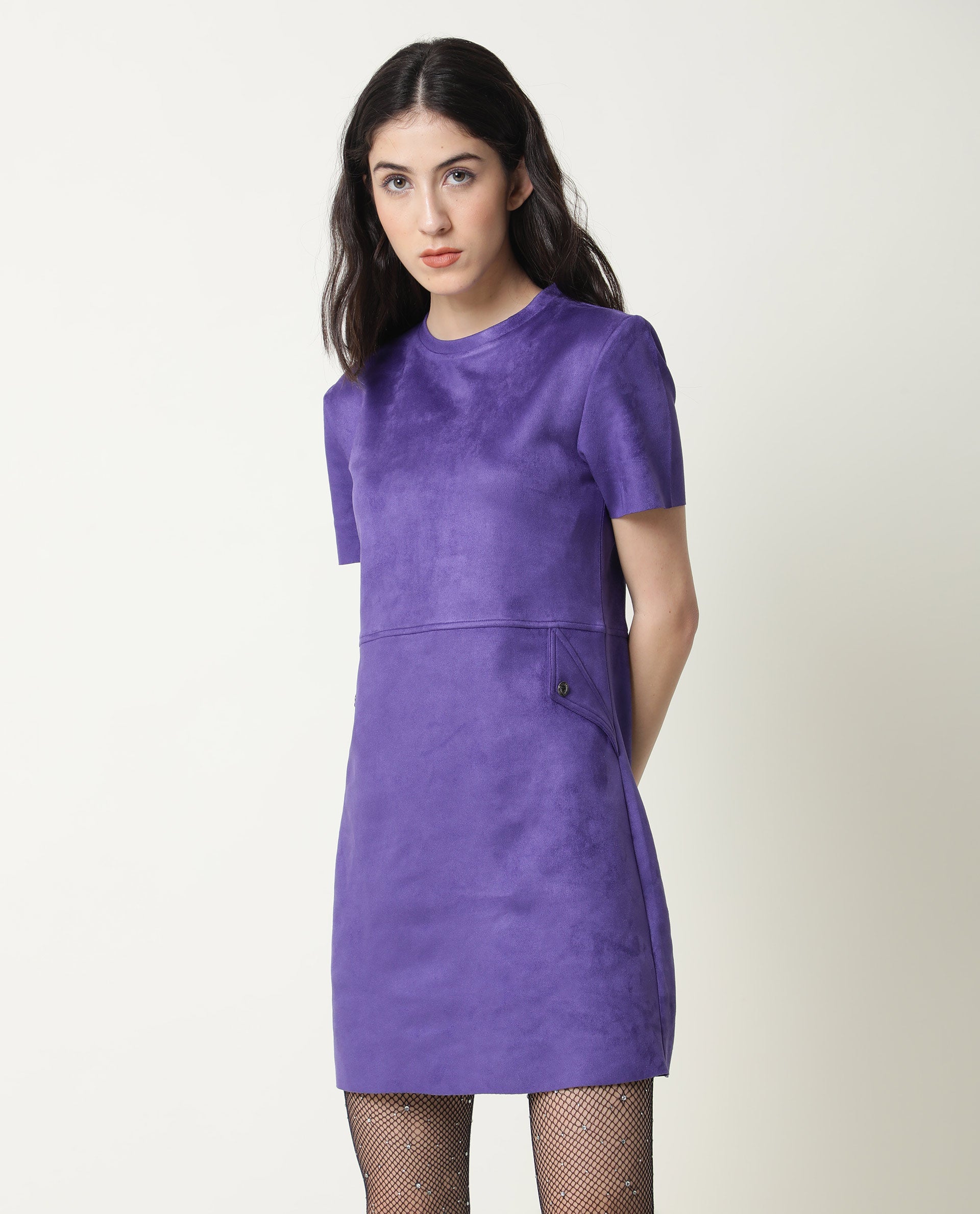 Rareism Women Sions Purple Round Neck Short Sleeves Mini Dress