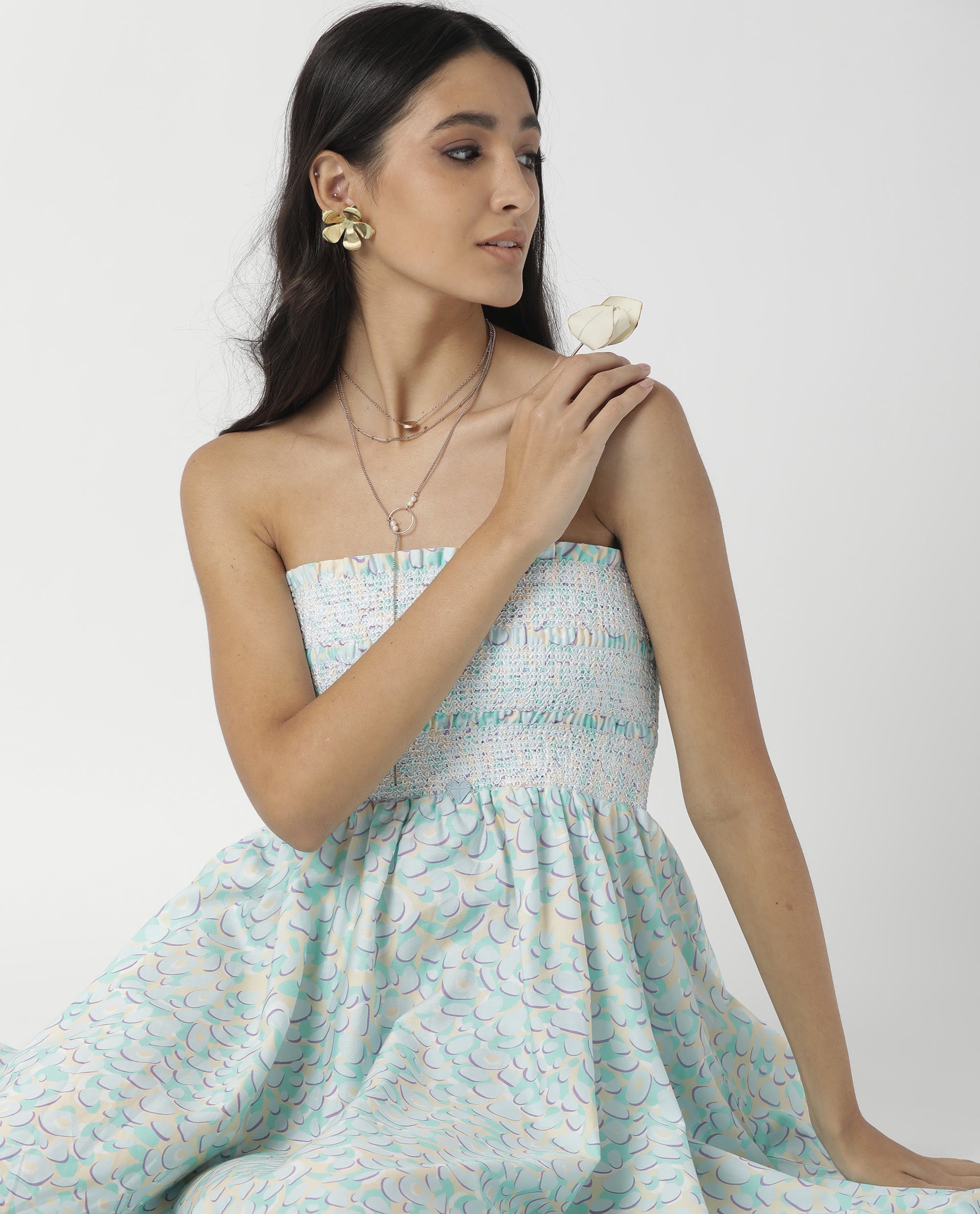 Rareism Women Toki Purple Dress Cotton Satin Fabric Sleeveless Printed