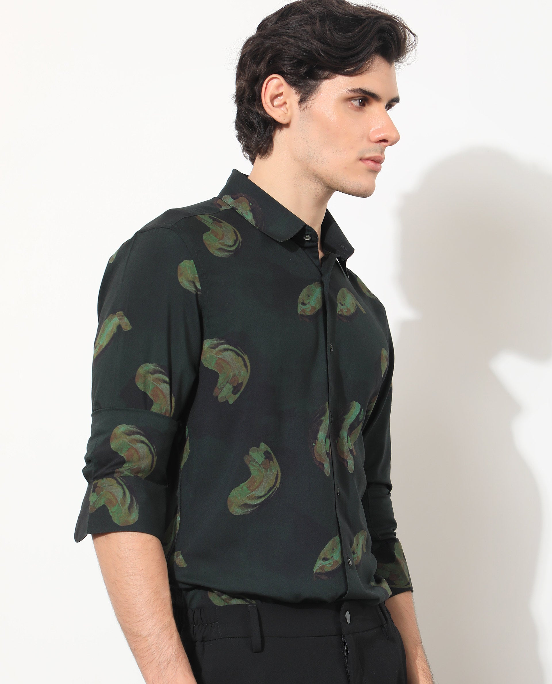 Rare Rabbit Men's Inari Dark Green Viscose Fabric Abstract Print Full Sleeves Shirt