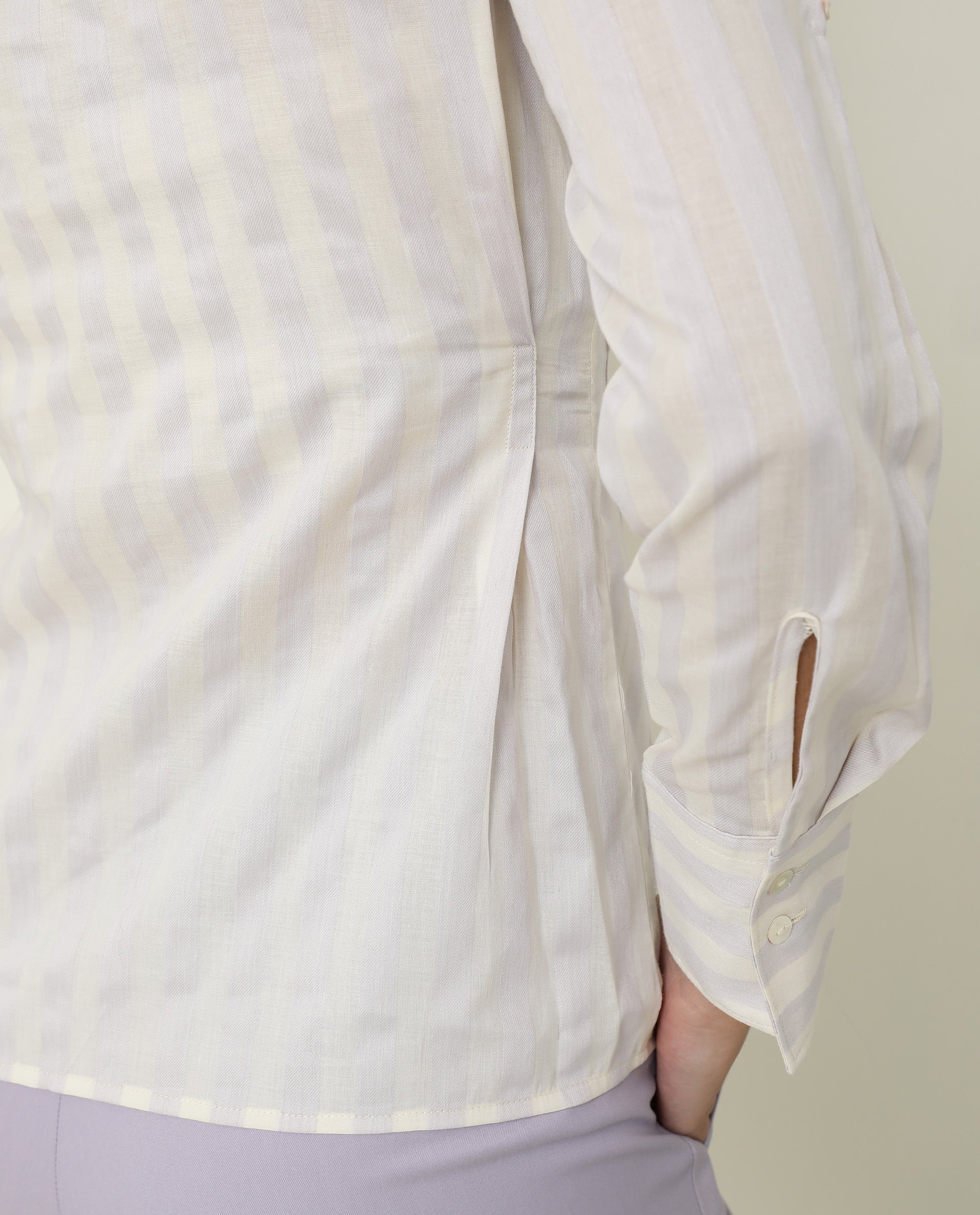 Rareism Women Pickle Yellow Cotton Fabric Regular Fit Shirt Collar Full Sleeves Striped Top