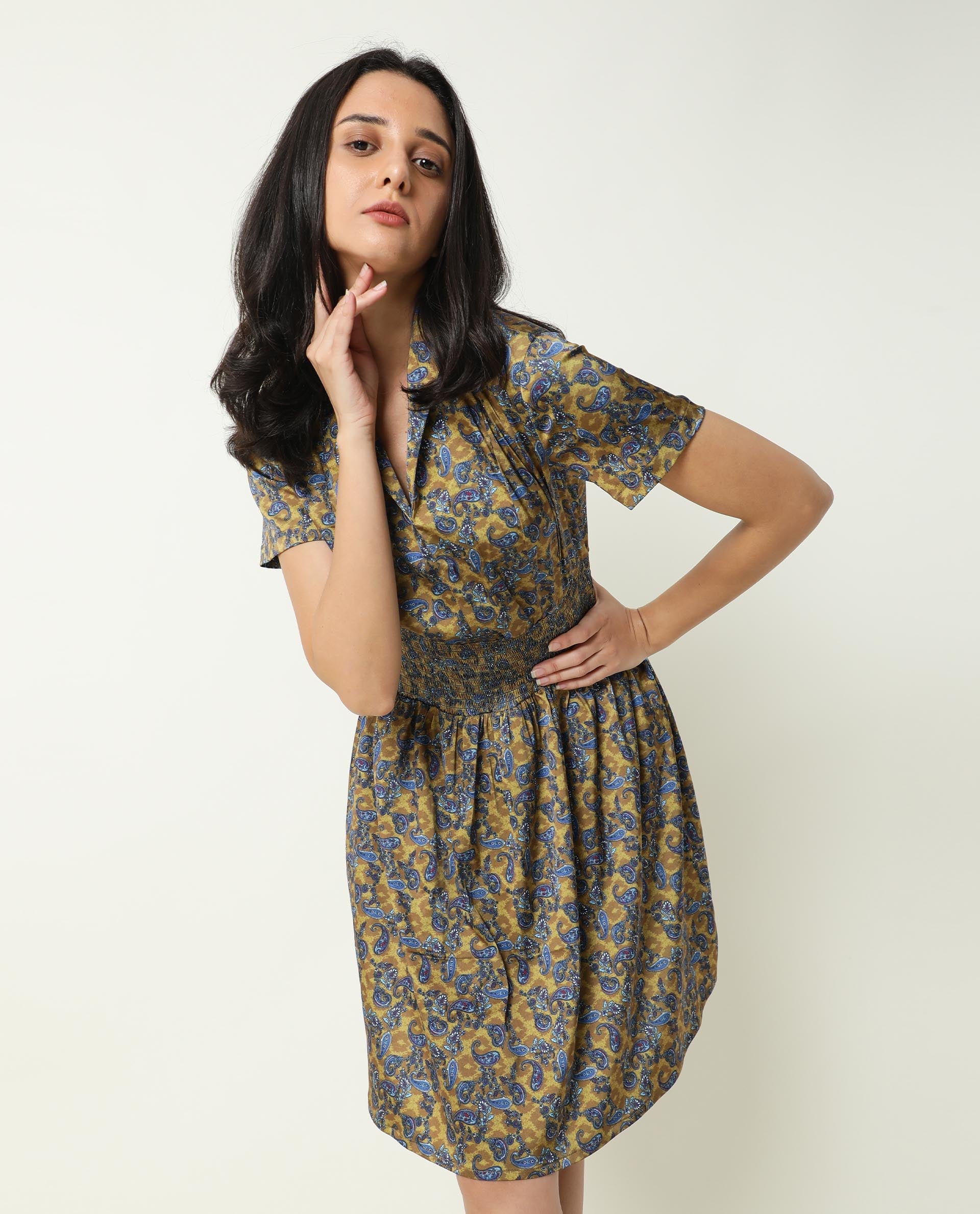 Rareism Women Joss Light Olive Paisley Print Overlap Lapel Collar Short Sleeves Smocked Elastic Waist Mini Dress