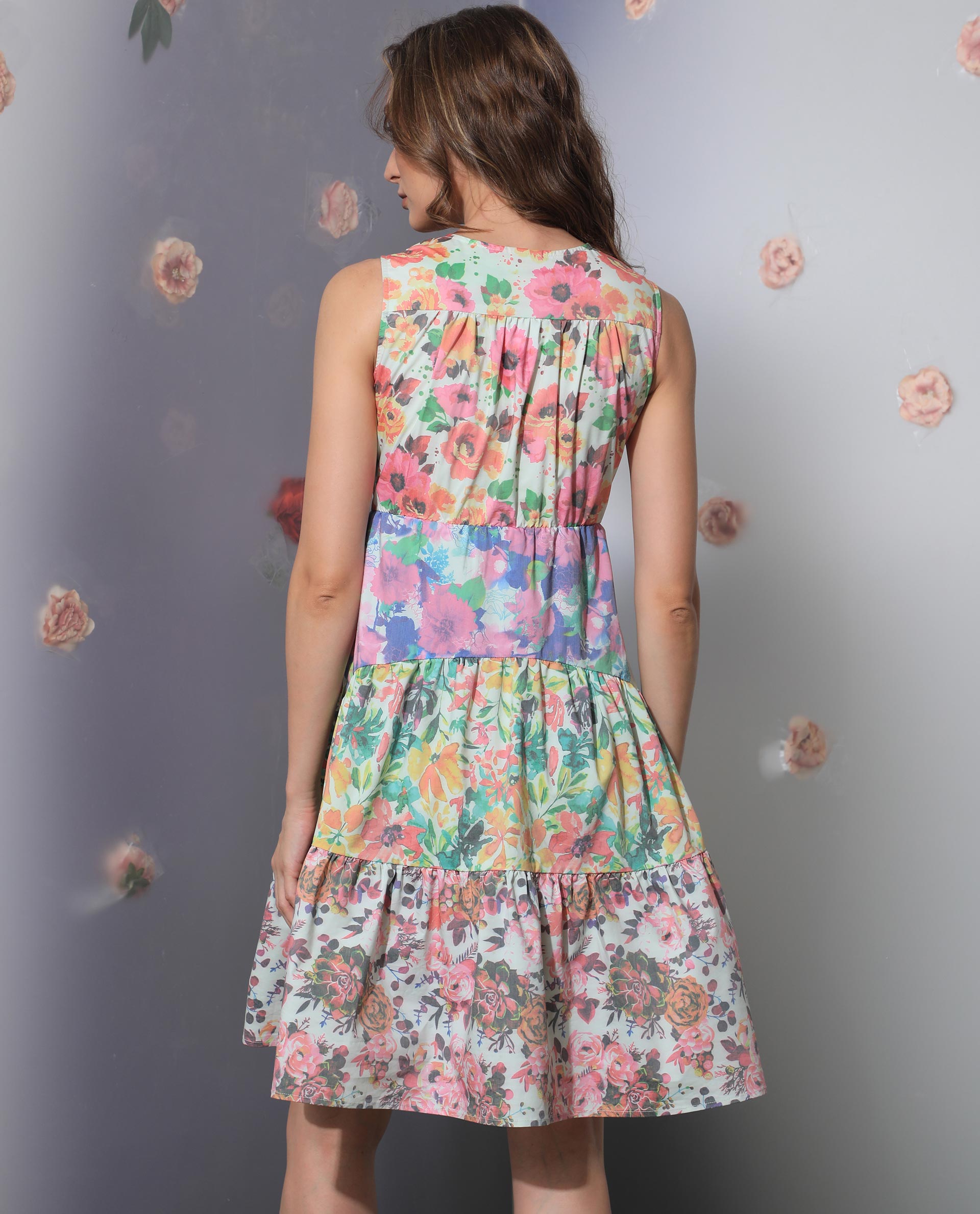 Rareism Women Carys Multi Polyester Fabric Sleeveless Key Hole Neck Regular Fit Floral Print Knee Length Tiered Dress