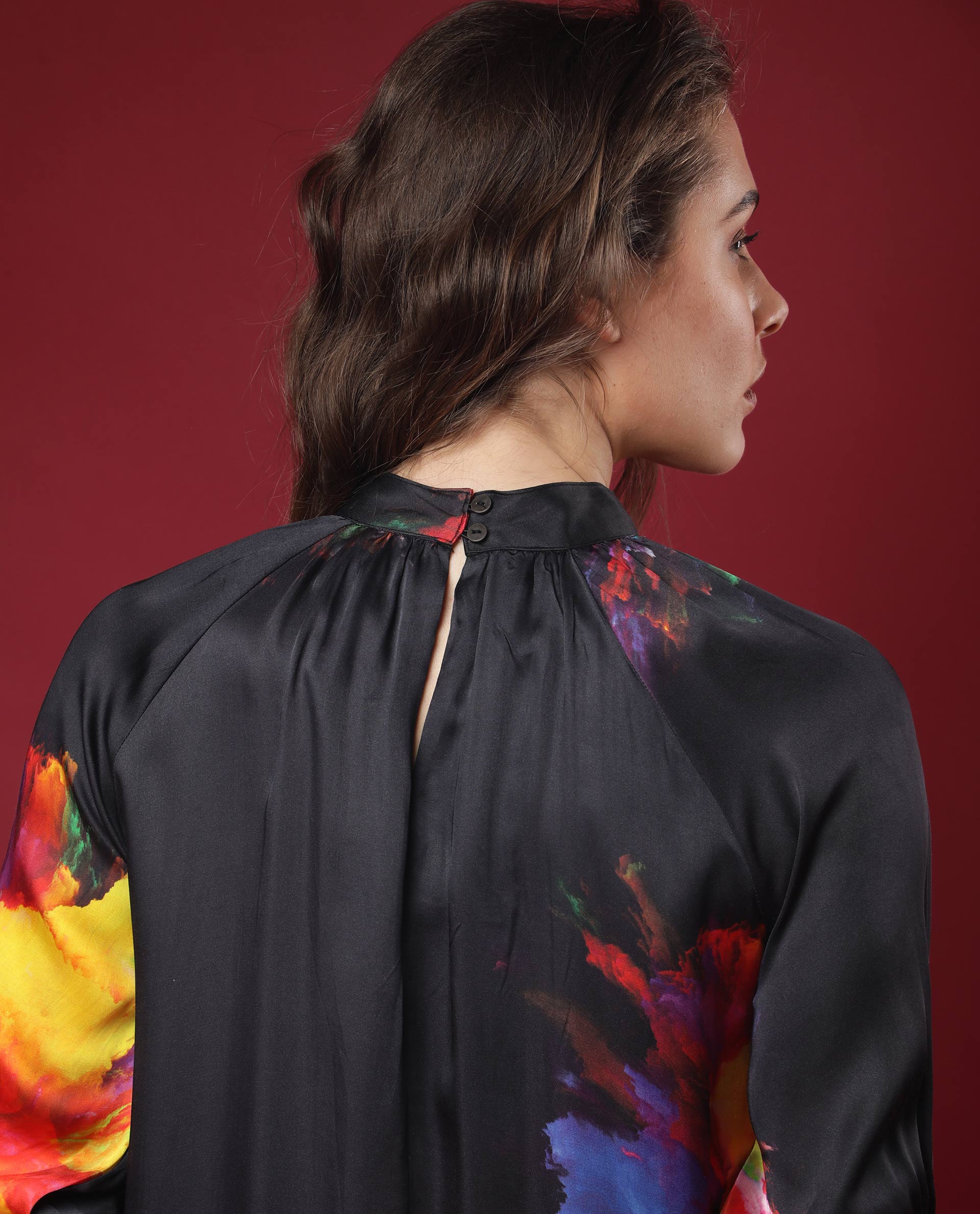 Rareism Women Jovi Black Floral Print High Neck Half Sleeves Back Button Closure With Pockets Knee Length Dress