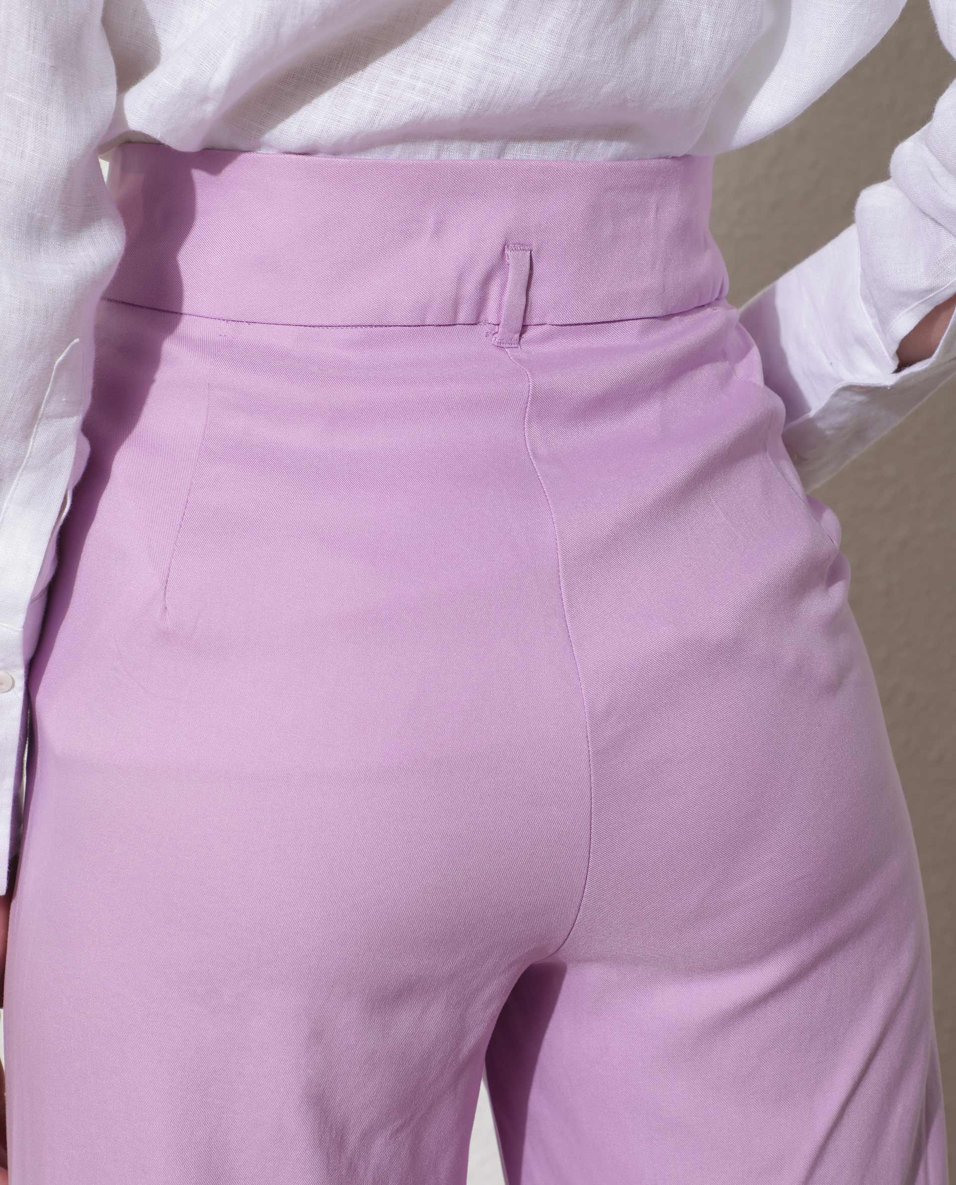 Rareism Women Evanova Pastel Purple Viscose Fabric Tailored Fit High Rise Solid Ankle Length Trousers