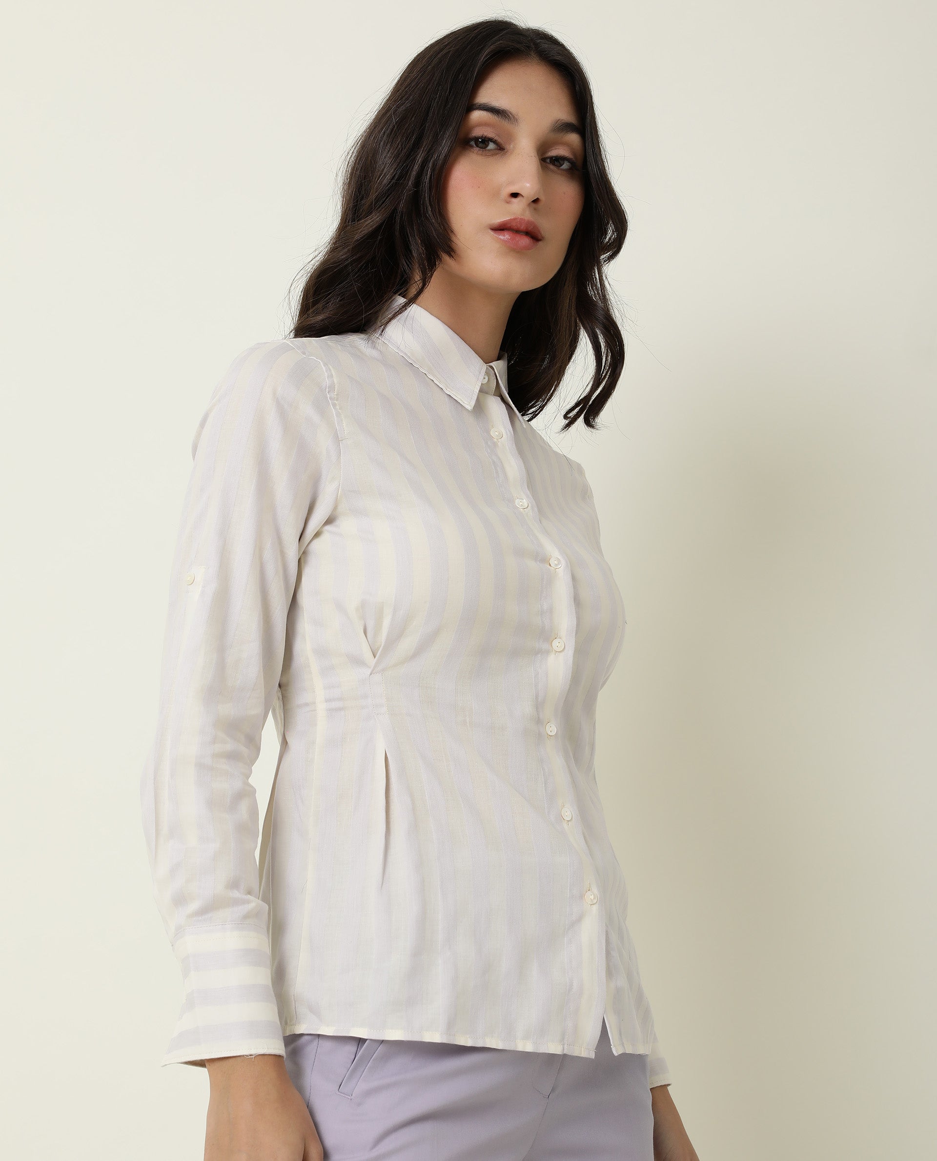 Rareism Women Pickle Yellow Cotton Fabric Regular Fit Shirt Collar Full Sleeves Striped Top