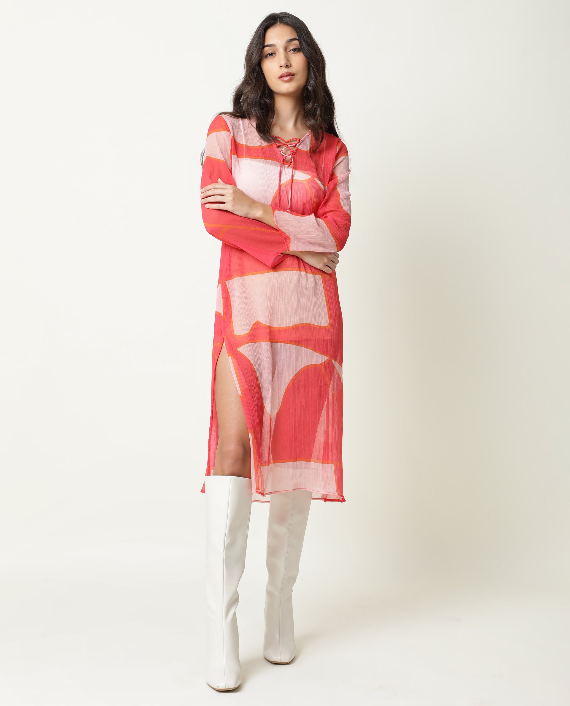 Rareism Women Benett Pink Abstract V Neck With Criss Cross Tie Up Full Sleeves Midi Dress