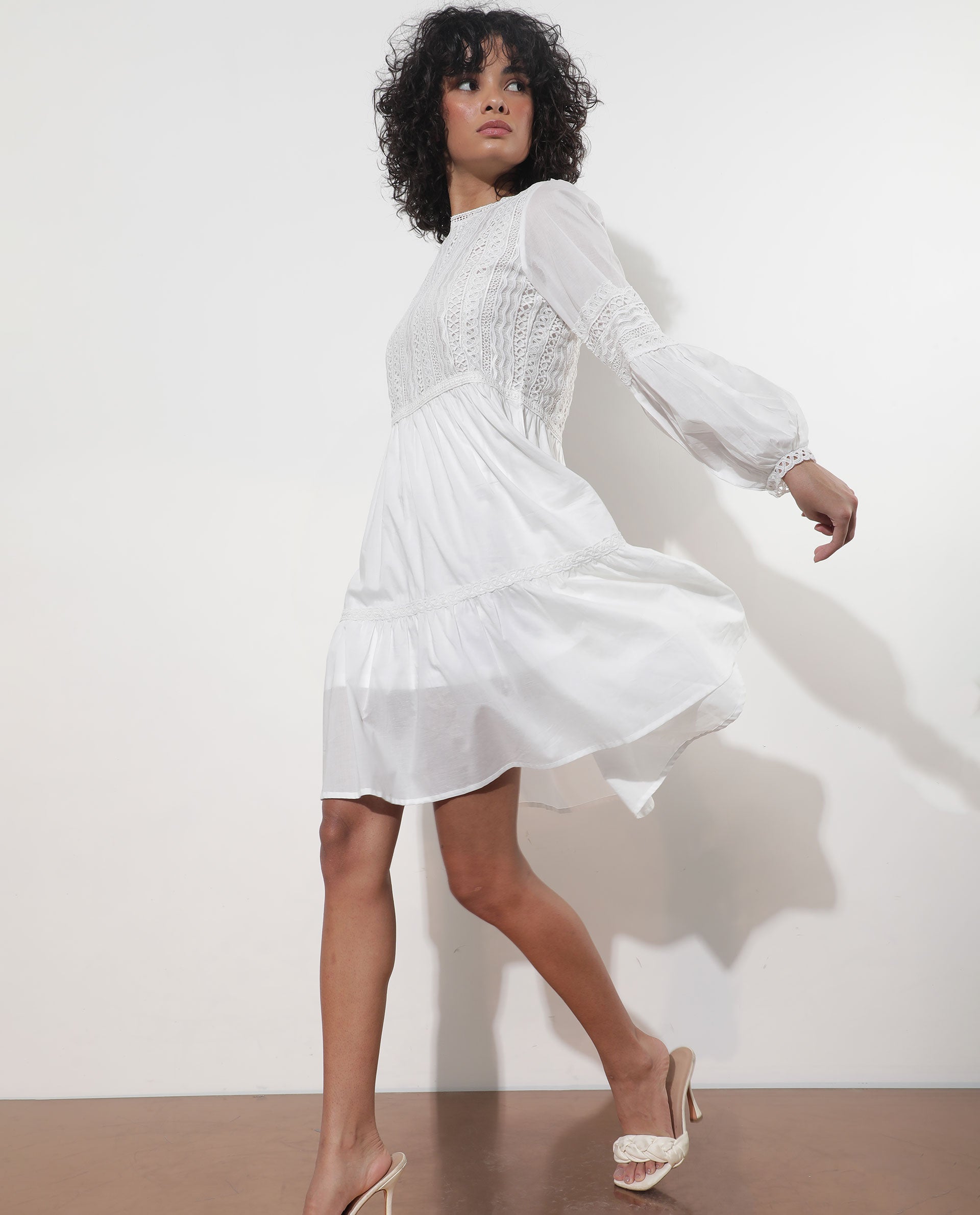 Rareism Women Darmini White Cotton Fabric Full Sleeves Round Neck Puff Sleeve Relaxed Fit Plain Knee Length Empire Dress