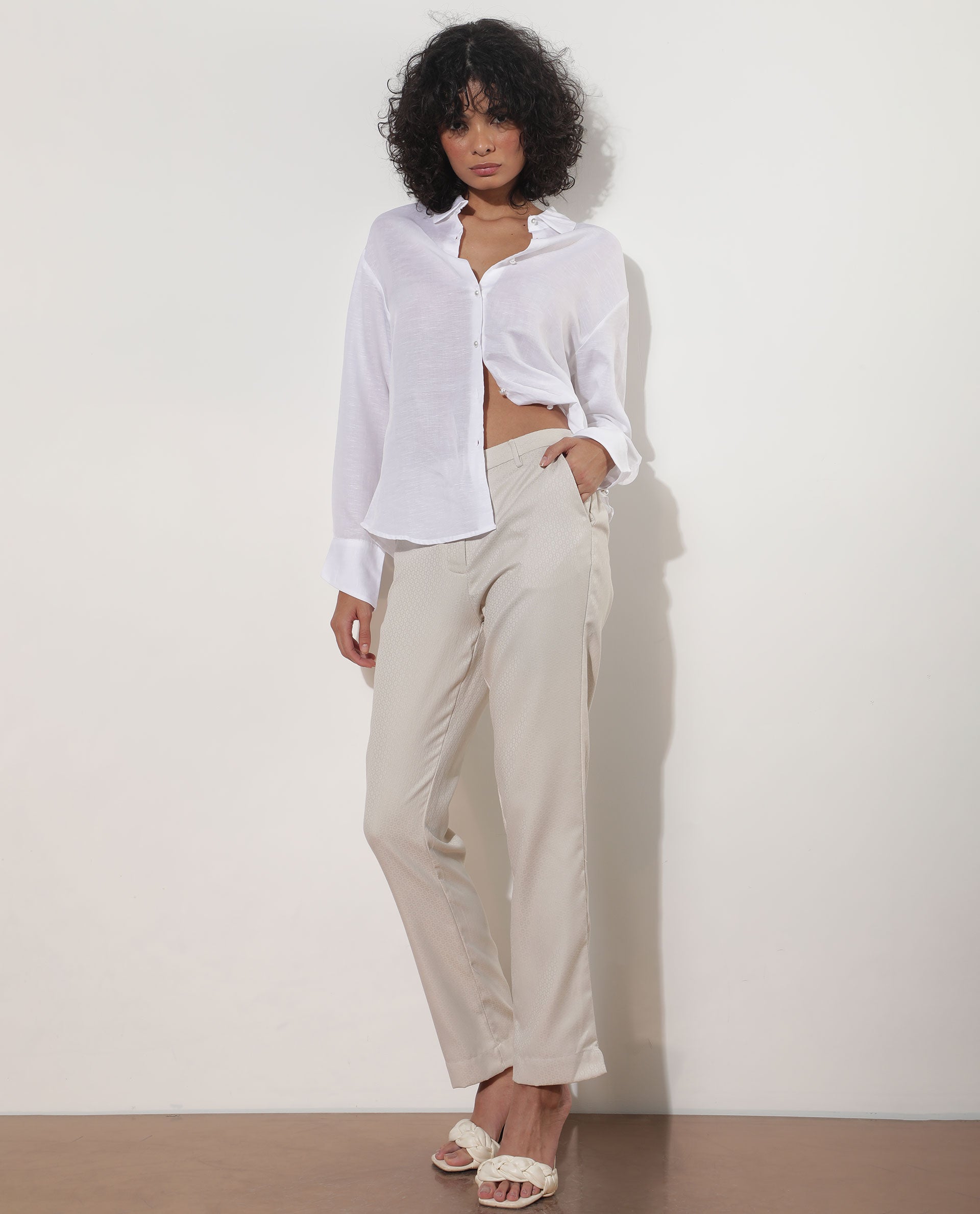 Rareism Women Maeve Dark Beige Poly Viscose Fabric Button Fly Closure Tailored Fit Plain Ankle Length Trousers