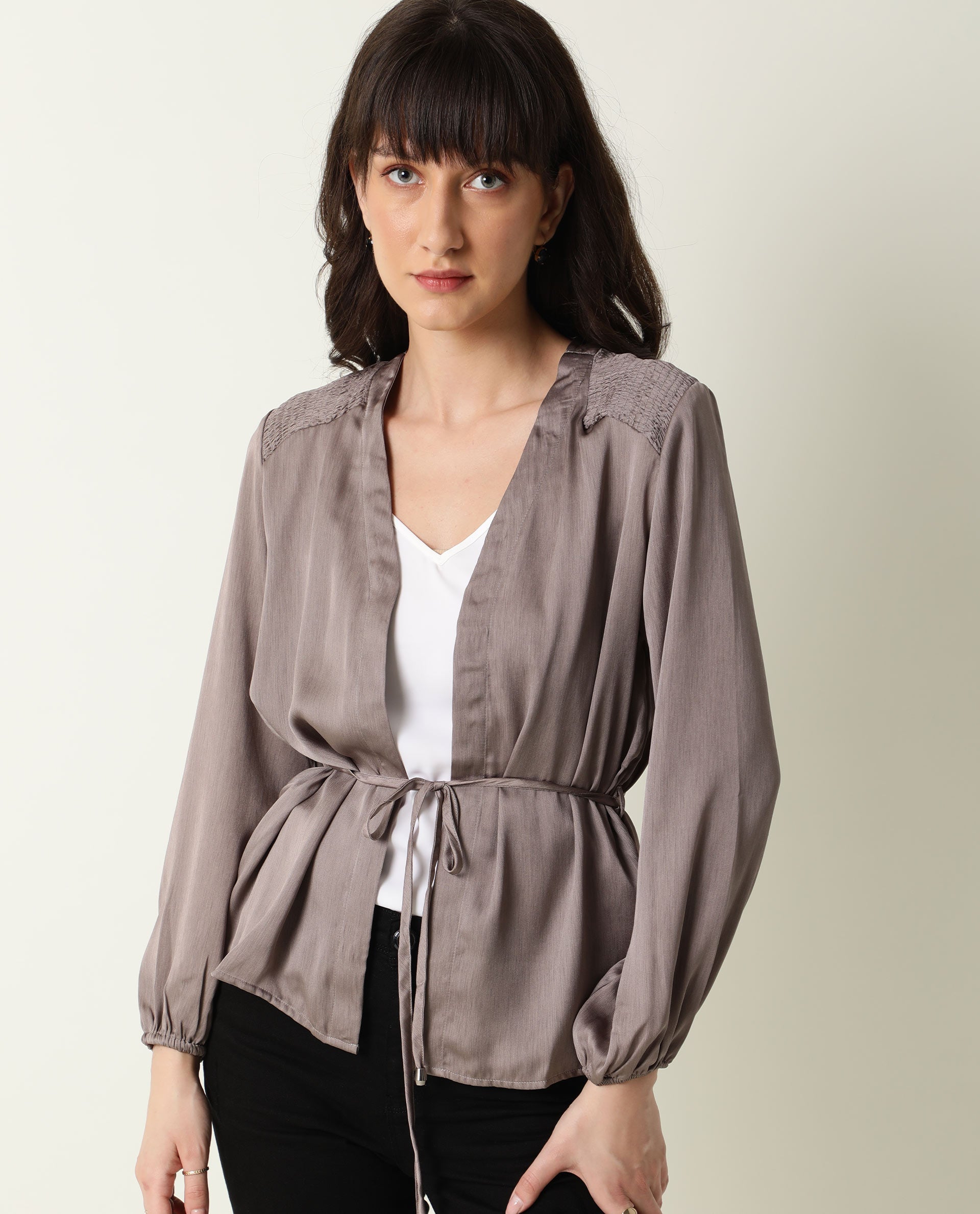 Rareism Womens Hallo Beige Outer Wear Polyester Fabric Relaxed Fit Balloon Sleeve