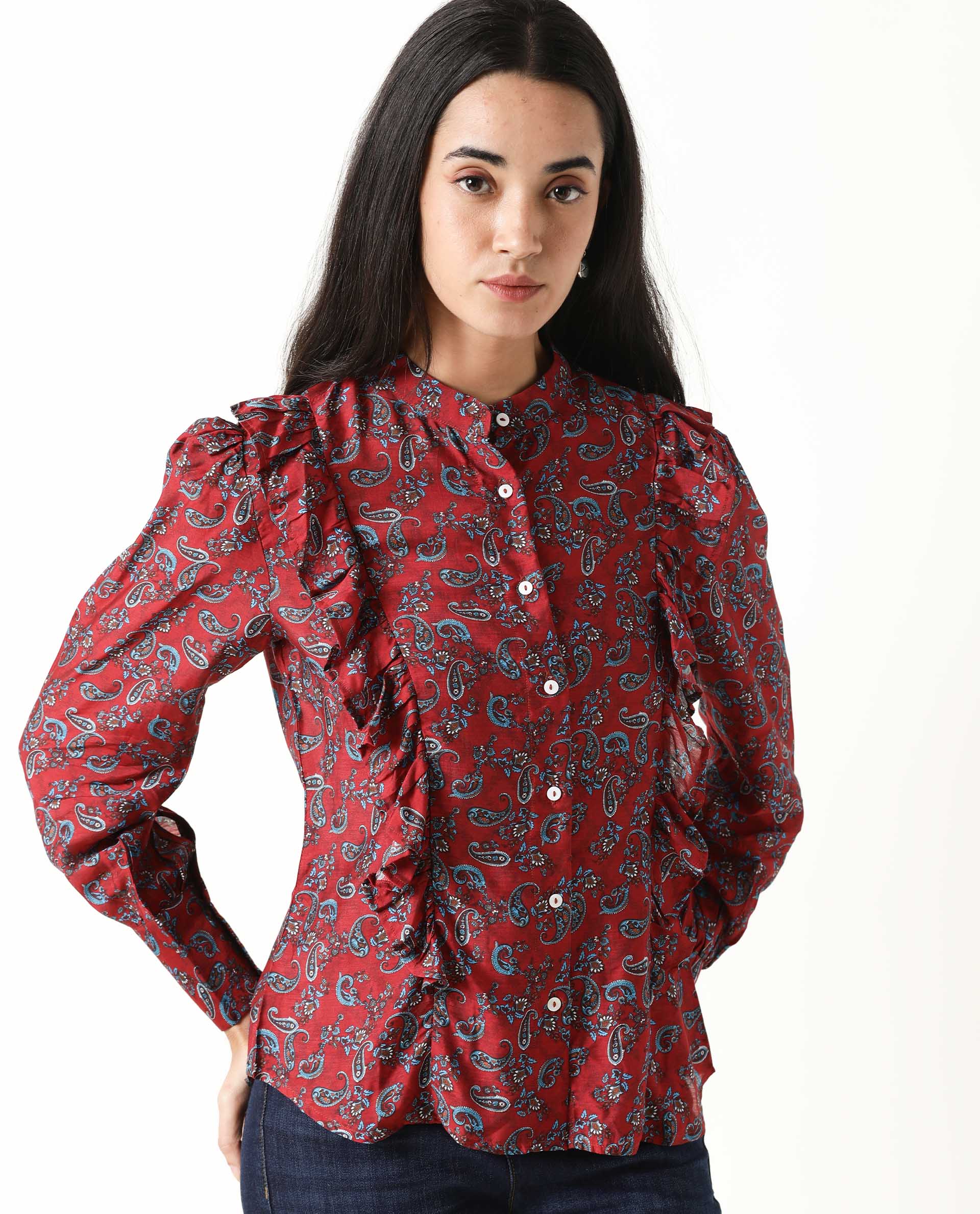 Rareism Womens Pumpkin Maroon Top Modal Fabric Regular Fit Regular Sleeves Mandarin Neck