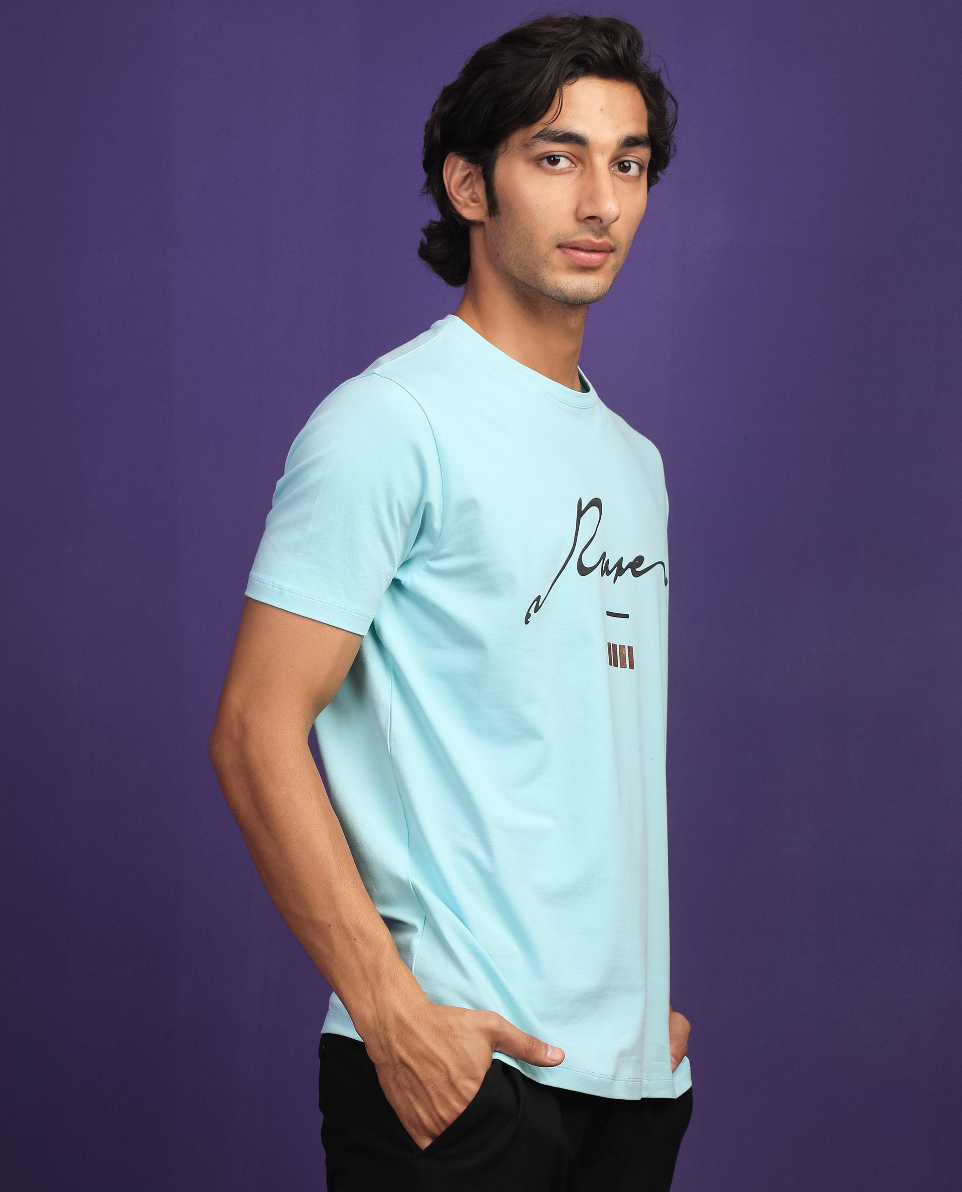 Rare Rabbit Men's Italicc Blue Crew Neck Branded Signature Half Sleeves Slim Fit T-Shirt