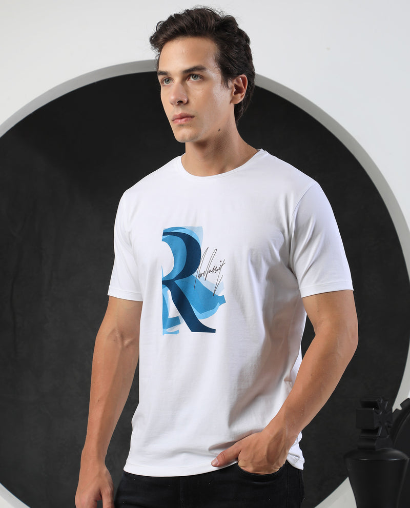 Rare Rabbit Men's Regalo White Crew Neck Half Sleeves Slim Fit Graphic Branding With Signature T-Shirt