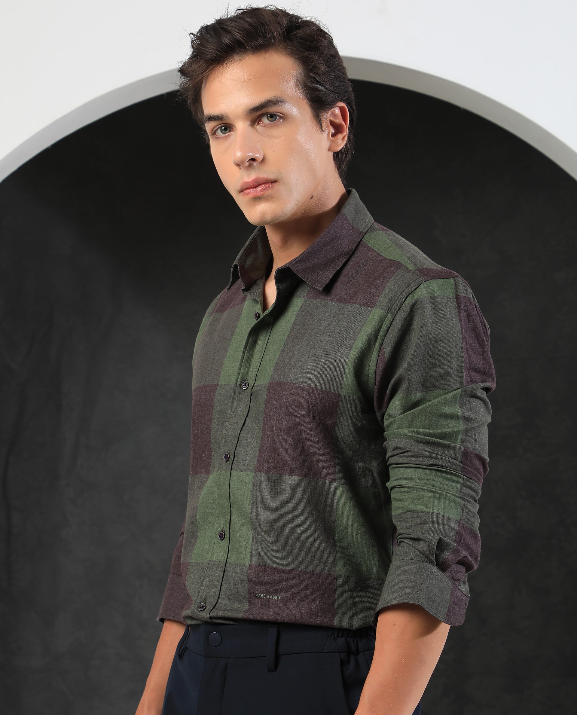 Rare Rabbit Men's Beavers Olive Cotton Polyester Fabric Full Sleeves Twill Checks Shirt