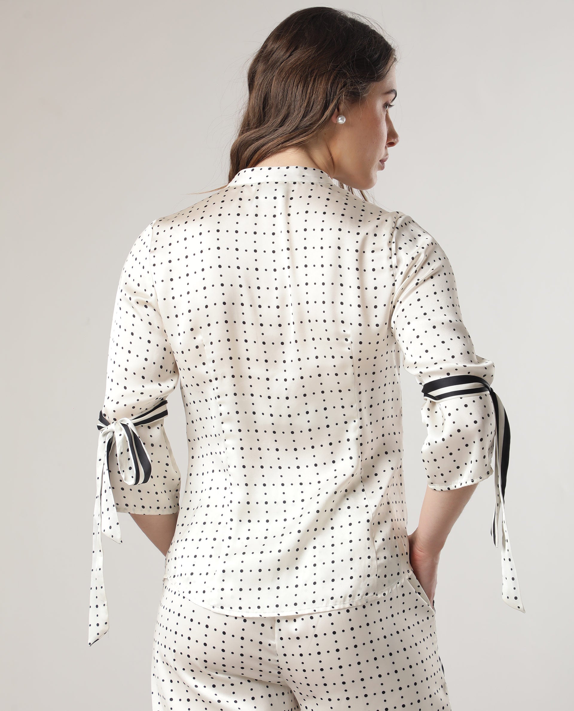 Rareism Women Zanax Beige Polyester Fabric Regular Fit Mandarin Collar 3/4Th Sleeves Polka Top