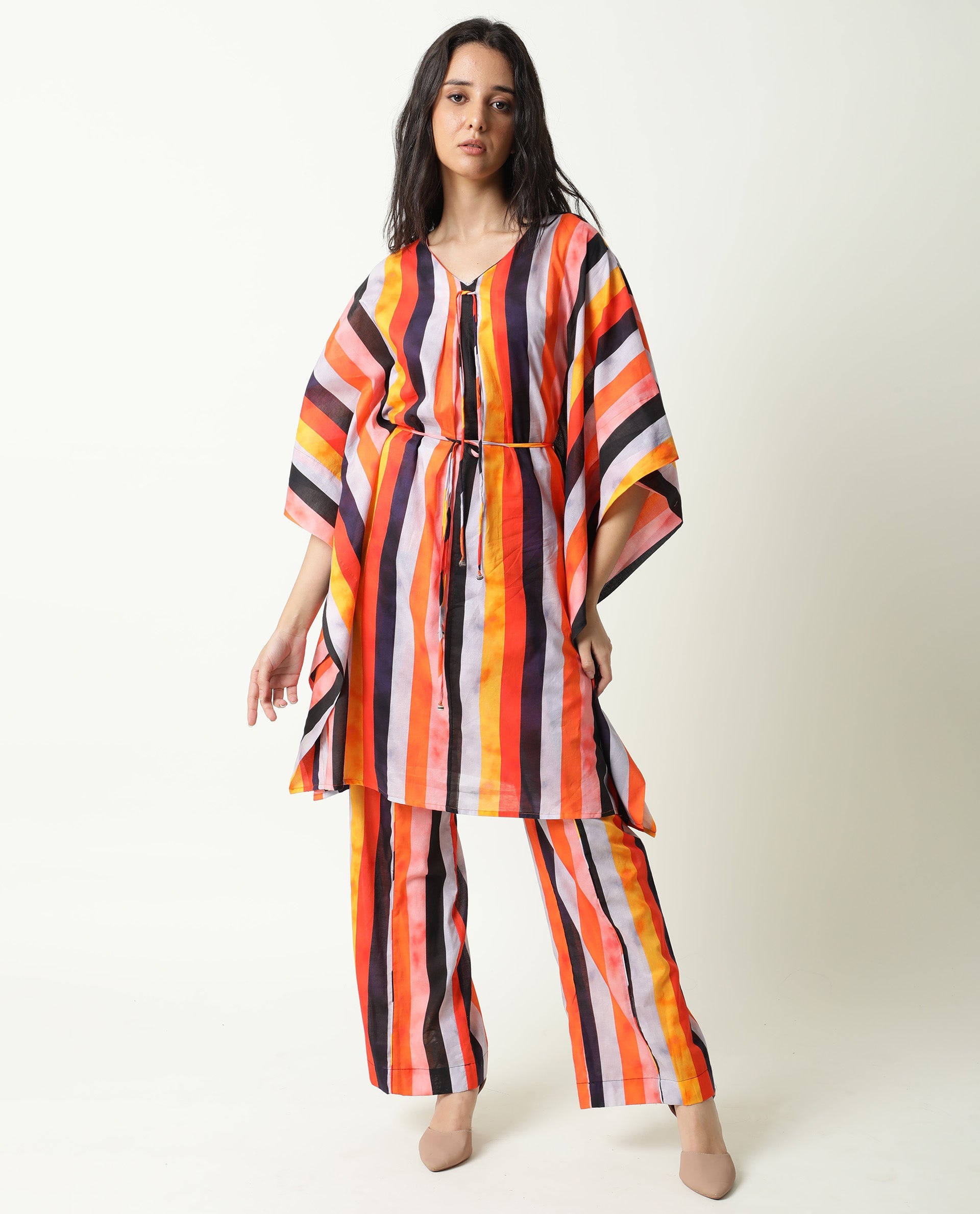 Rareism Women Fact Multi Abstract V Neck Tie Up At Neck And Waist Kaftan Knee Length Dress