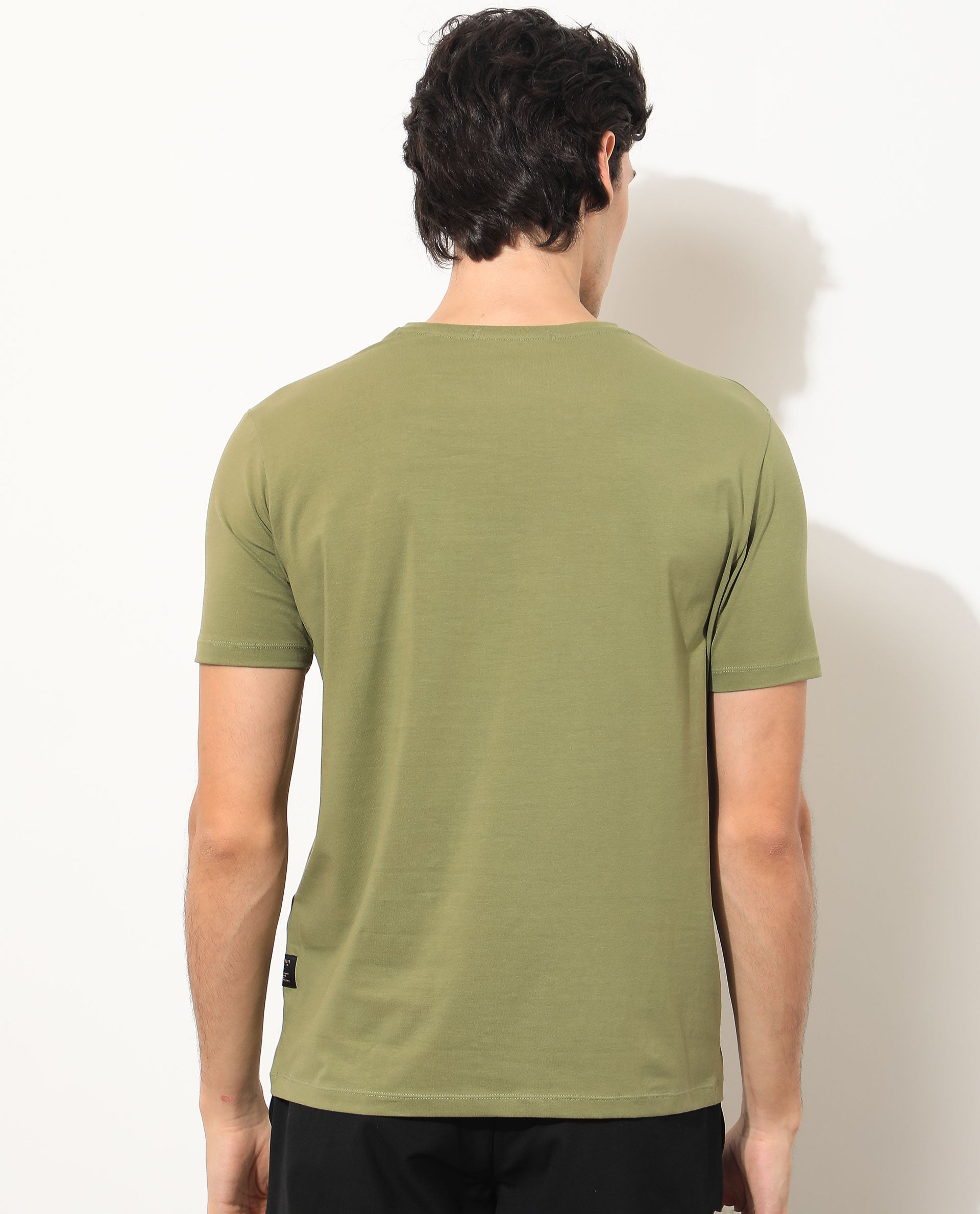Rare Rabbit Men's Tack Olive Crew Neck Graphic Printed Half Sleeves Slim Fit T-Shirt
