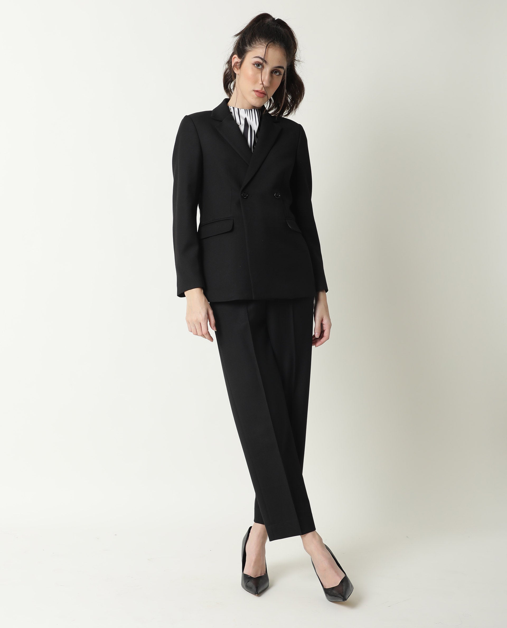 Rareism Womens Yara Black Blazer Poly Viscose Elastane Fabric Regular Fit Full Sleeve Lapel Neck