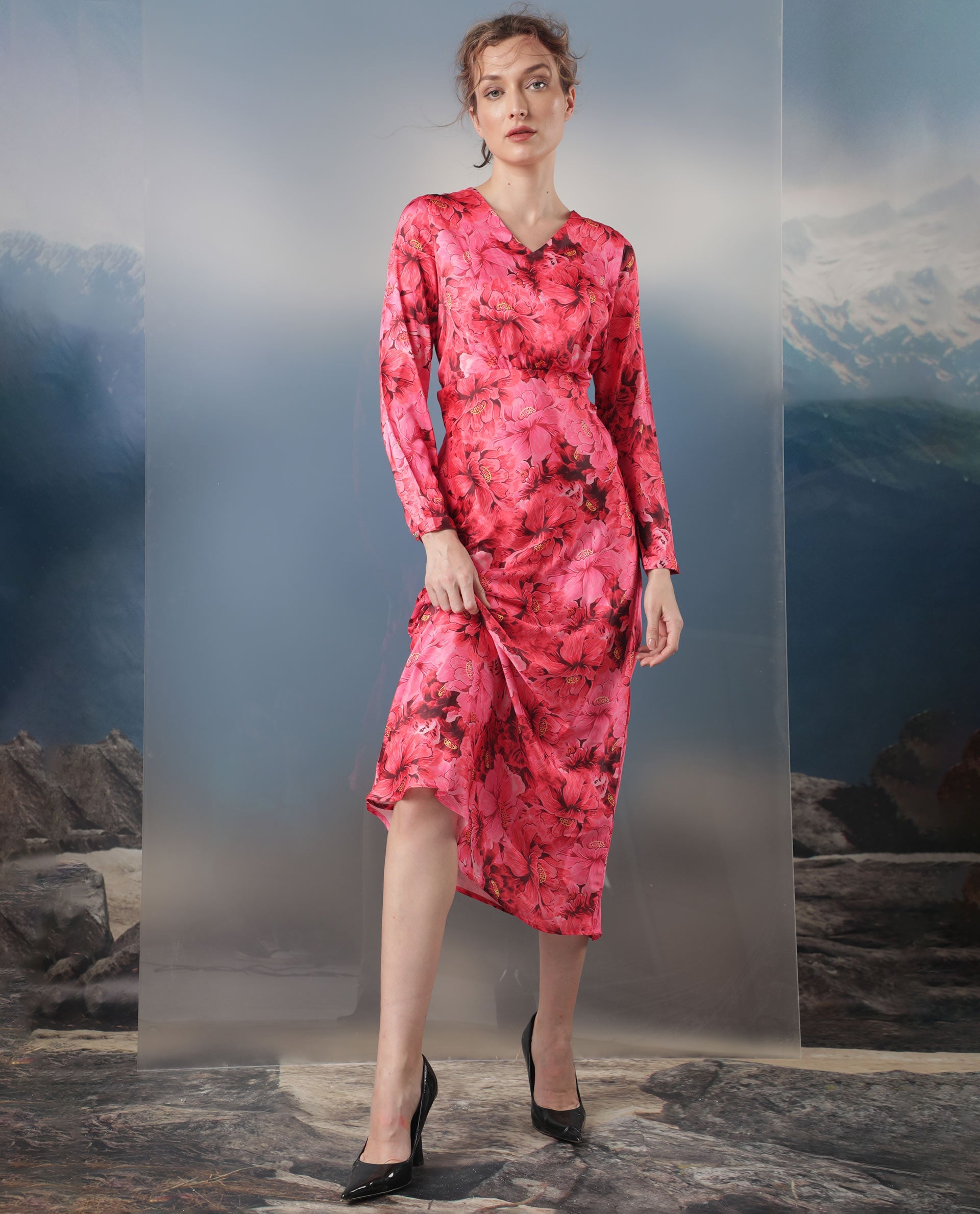 Rareism Women Merlot Maroon Cotton Fabric Full Sleeves V-Neck Regular Fit Floral Print Maxi Empire Dress