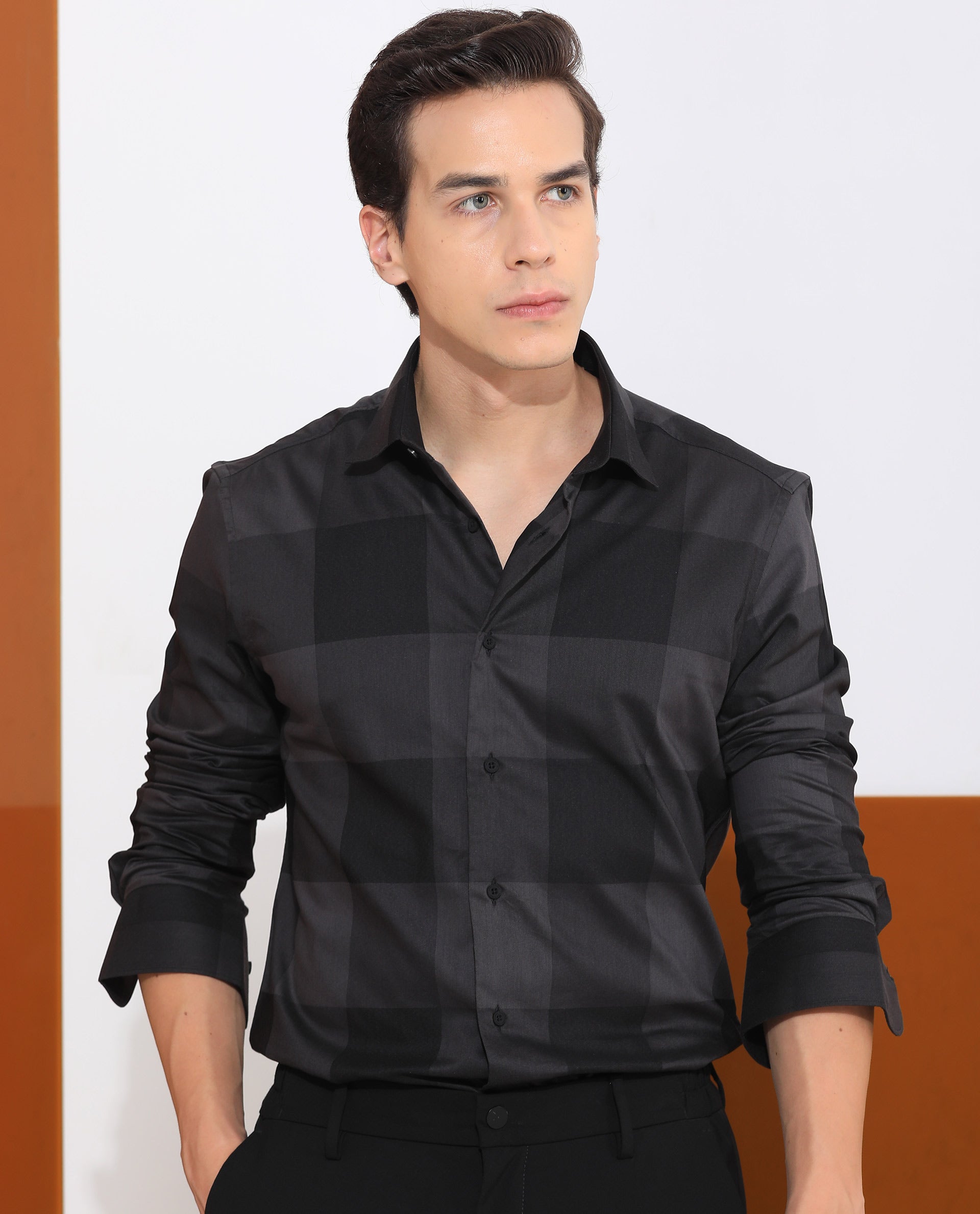 Rare Rabbit Men's Santhe Black Cotton Lycra Fabric Full Sleeves Regular Fit Tonal Checks Shirt