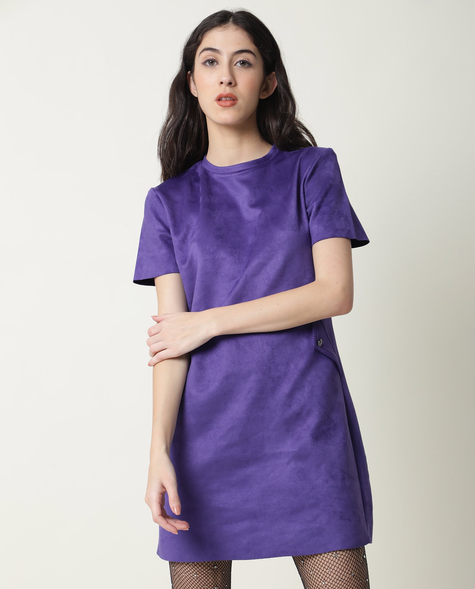 Rareism Women Sions Purple Round Neck Short Sleeves Mini Dress