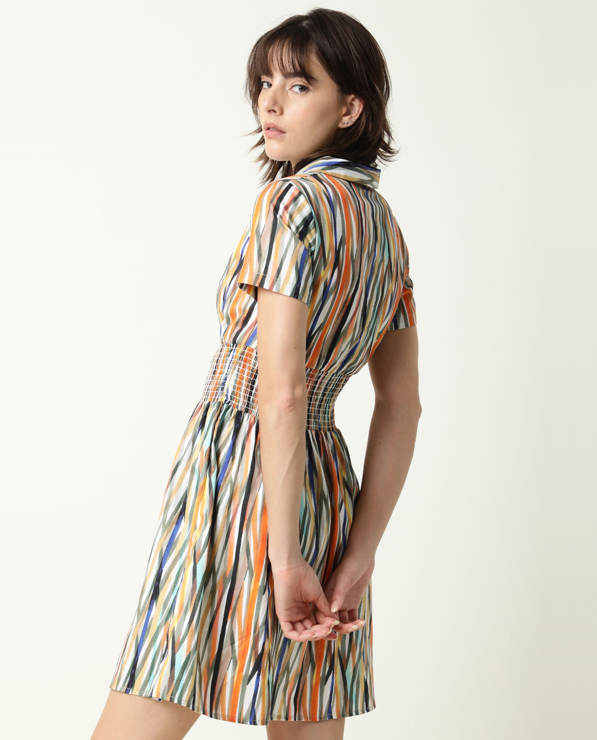 Rareism Women Shallom Multi Abstract V Neck Overlap Collar Short Sleeves Elastic Waist Band Mini Dress