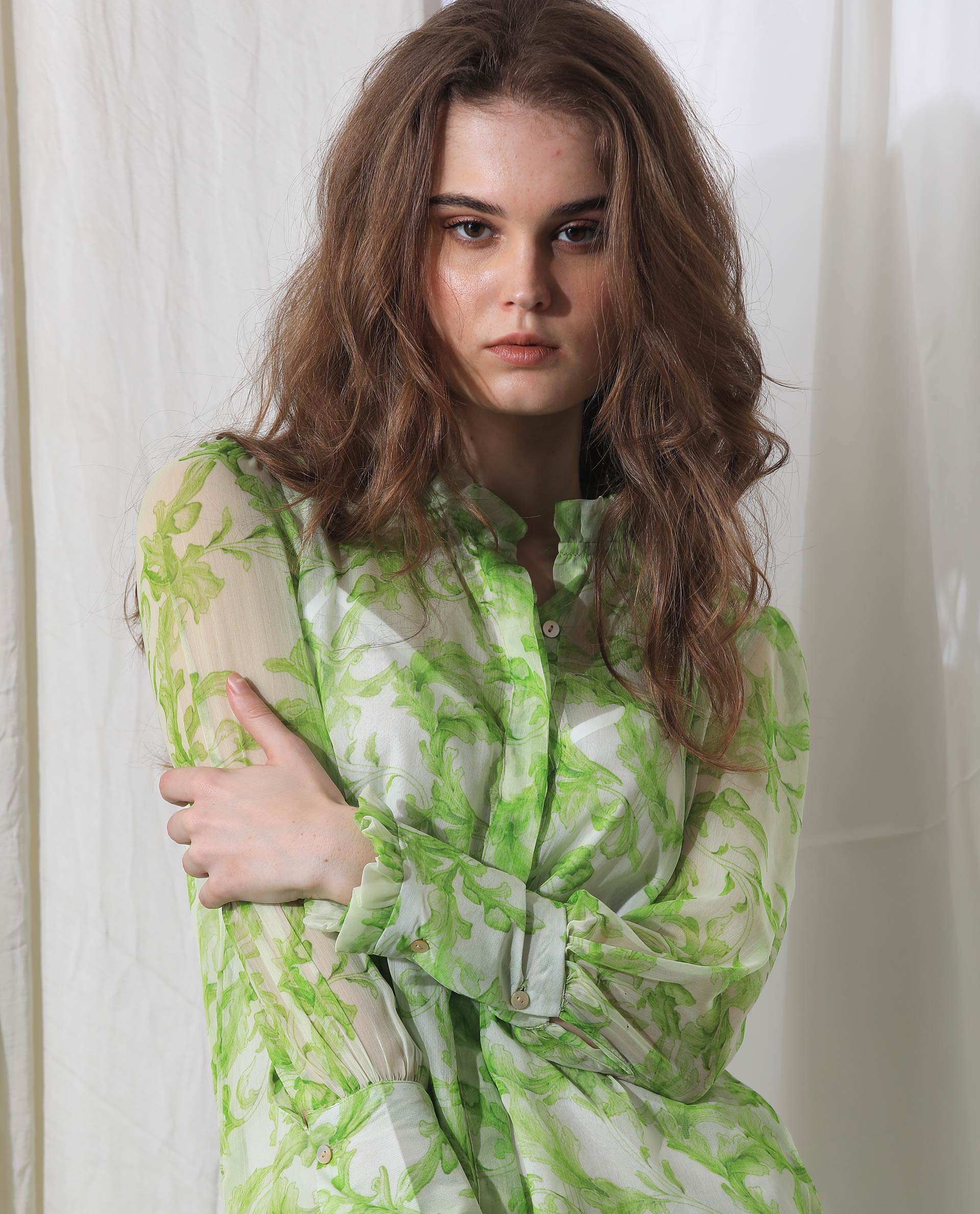 Rareism Women's Quin Green Polyester Fabric Ruffled Neck Button Closure Ruffled Sleeve Floral Print  Knee Length Dress