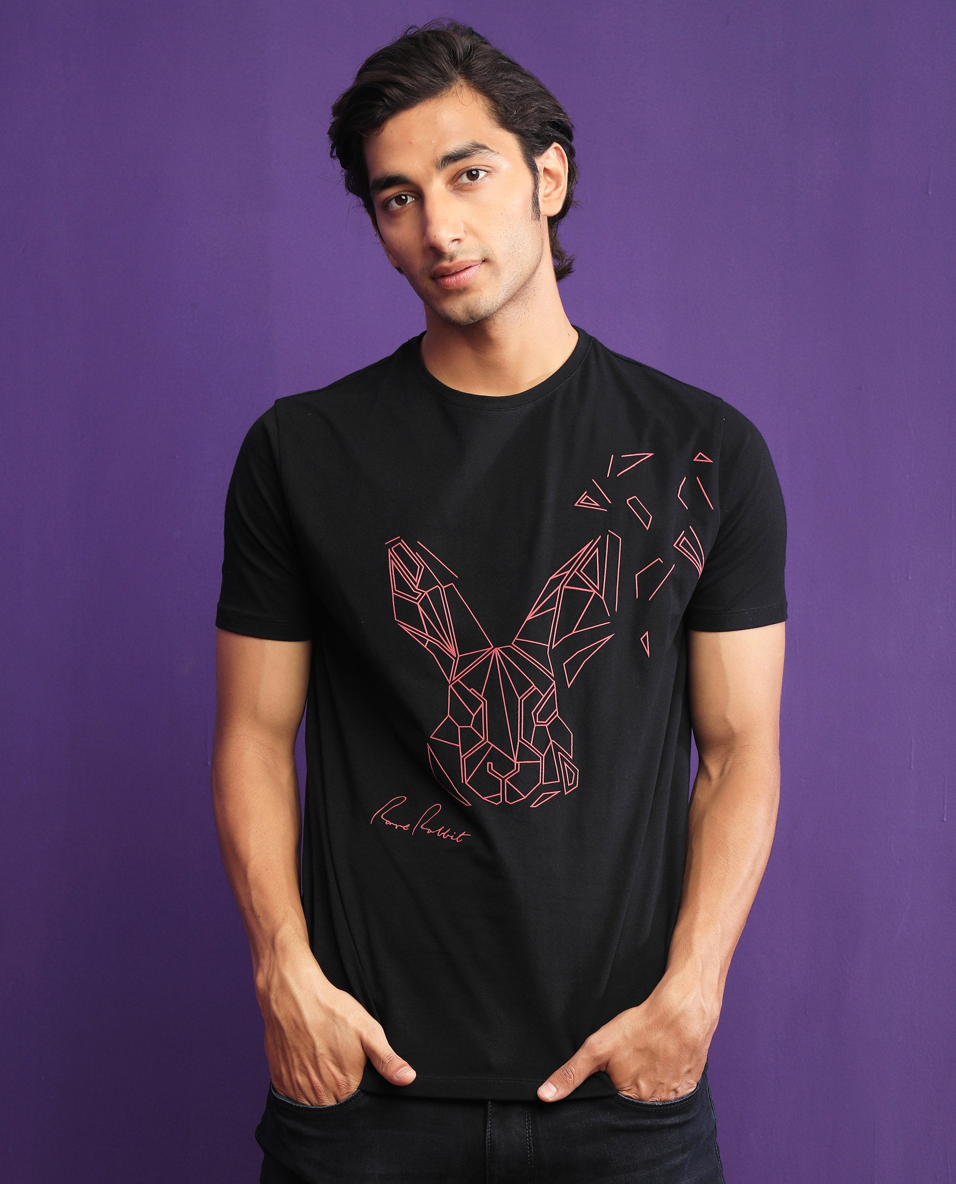 Rare Rabbit Mens Flames 2 Black Cotton Lycra Fabric Short Sleeves Crew Neck Slim Fit T-Shirt