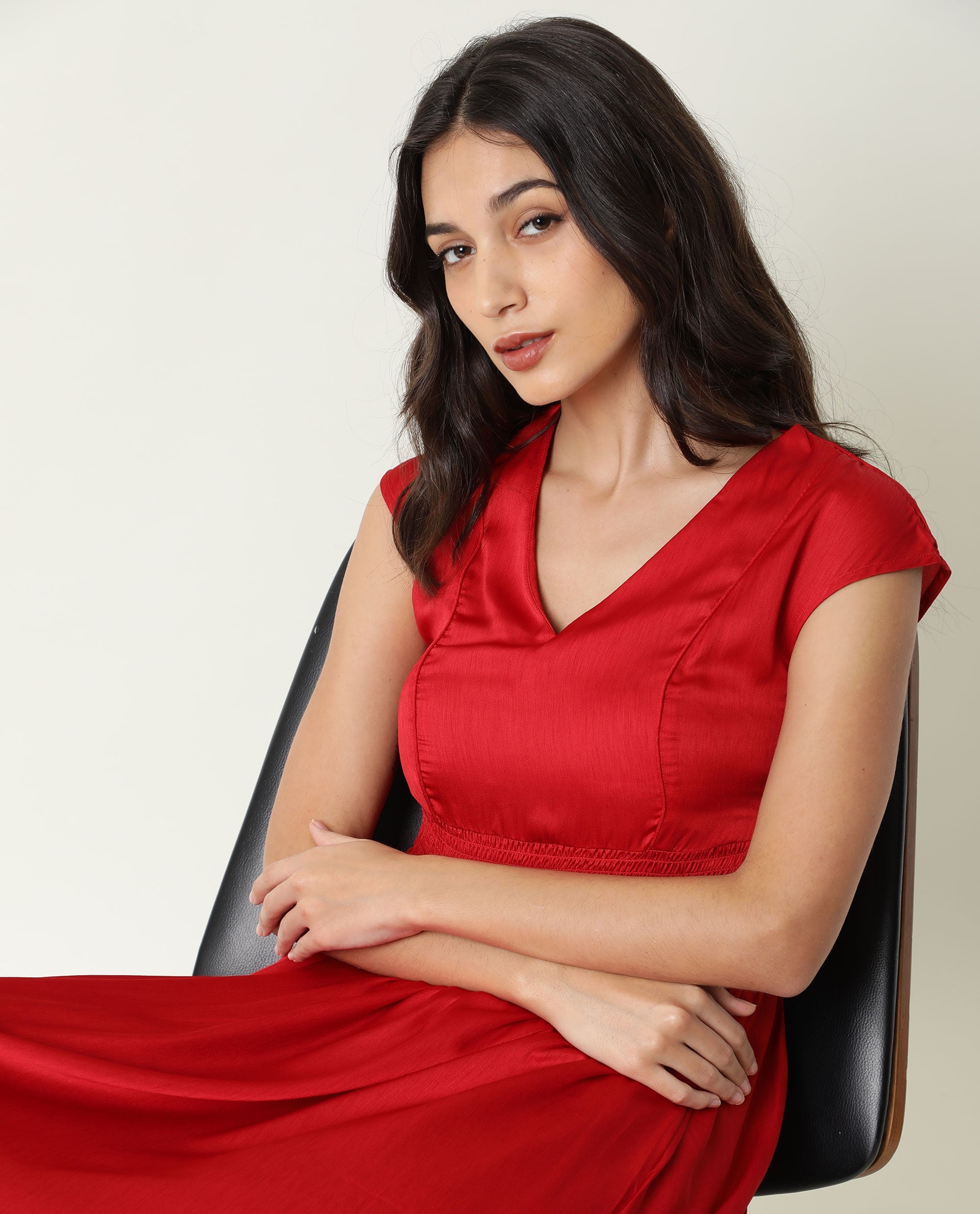 Rareism Women Milux Red V Neck Calf Sleeves Smocking Waist Knee Length Dress