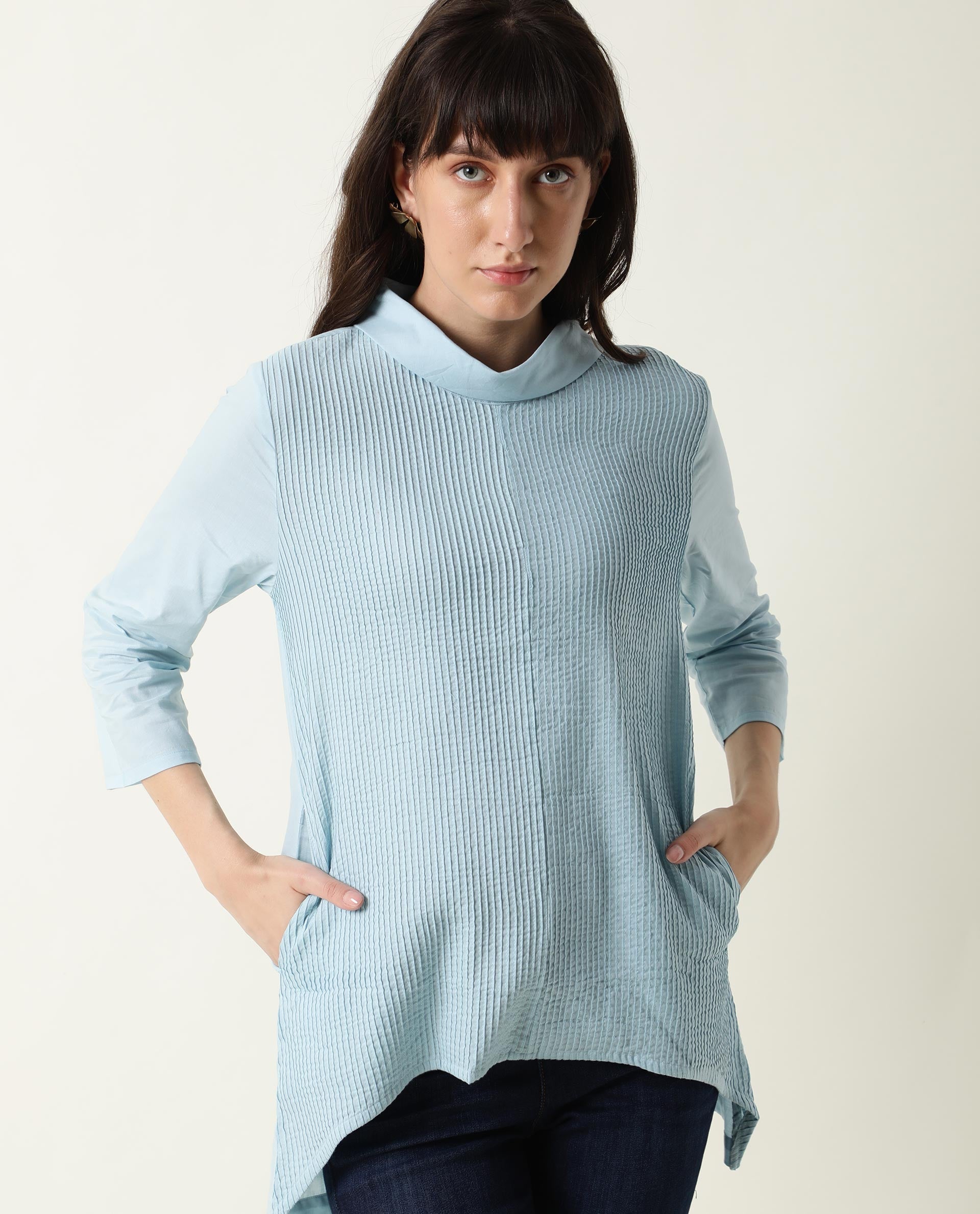 Rareism Women Printol Blue Cotton Fabric Regular Fit Turttle Neck 3/4Th Sleeves Ribbed Top